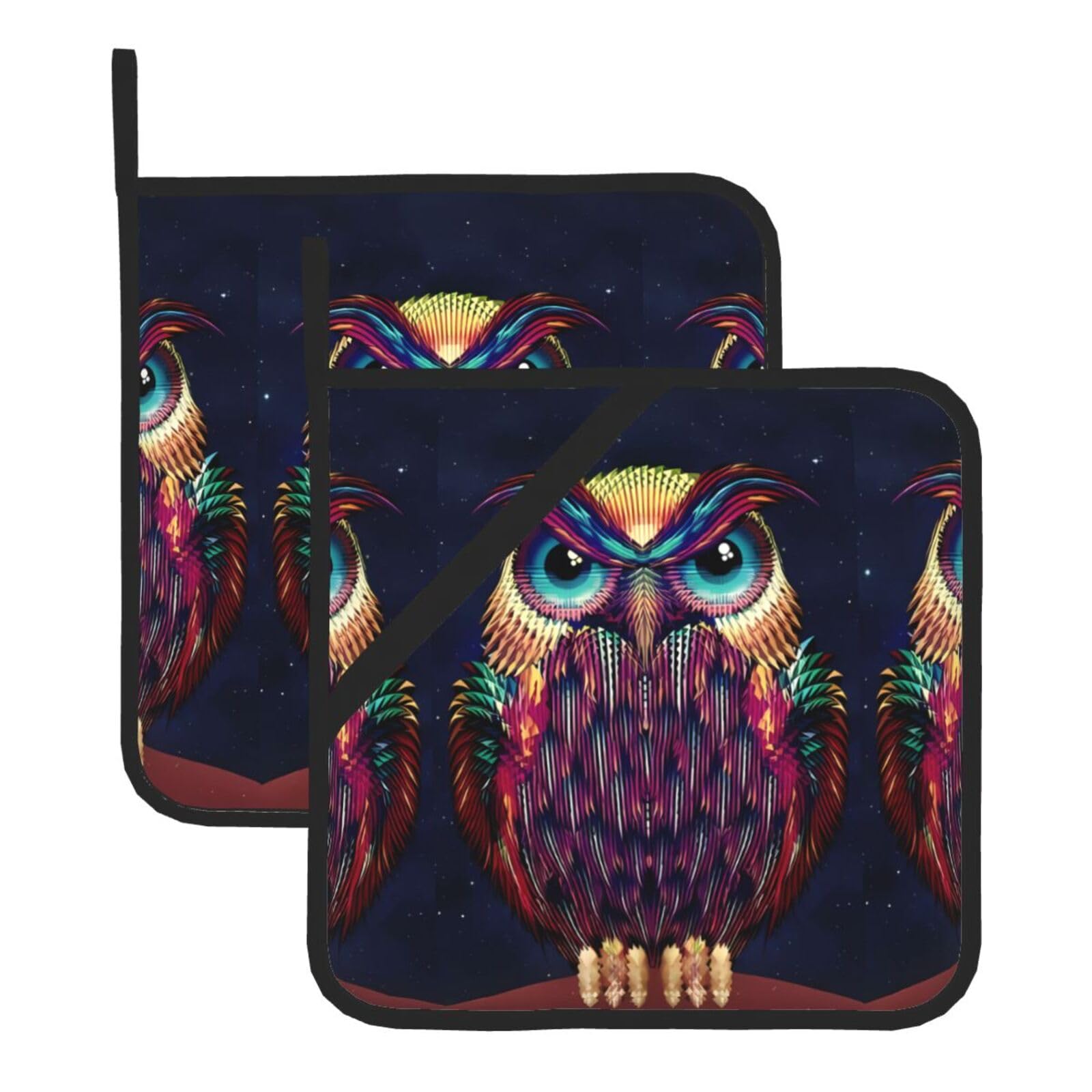HJFCZH Owl Pattern Prints Square Hot Pads for Kitchen - Waterproof Heat Resistant Potholders, Thick Trivet Covers with Hanging Loops, Oven & Grill Dish Protectors (2-Pack)