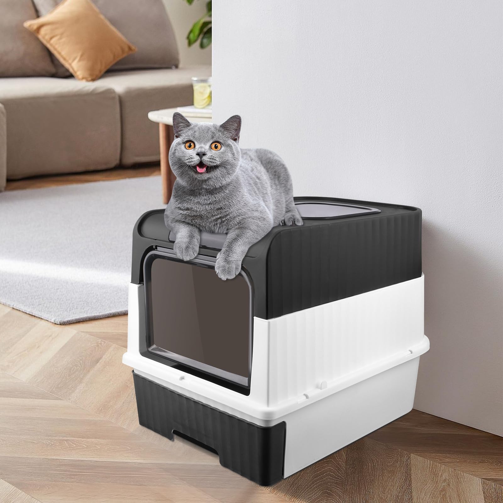 Grande Maison de Toilette Chat Pliable,Bac de Tiroir et Pelle à Litière,Portable,Bac à Litière Fermé Compartiment Inférieur Amovible pour Un Nettoyage Facile 49 * 37 * 35 cm-Noir