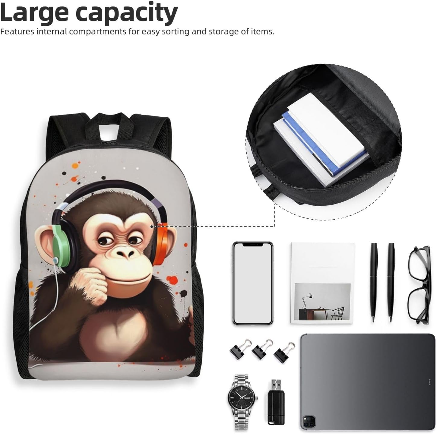 Music Monkey Travel Backpack For Women Men Waterproof Carry On Backpack 15.6inch Laptop Backpack image 4