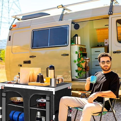 Vista 36 de EAGLE PEAK Mesa de camping plegable para exteriores con organizador grande de almacenamiento de 3 niveles y bolsillos laterales, fácil de instalar