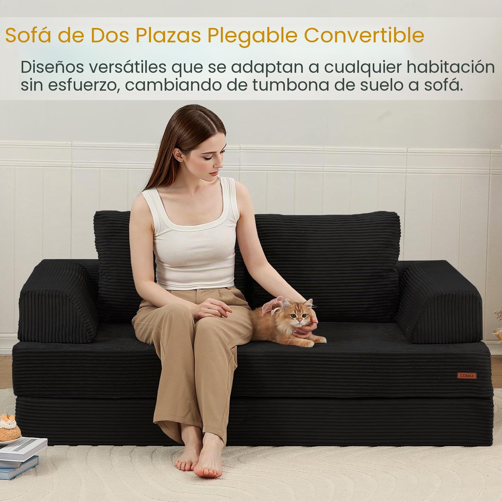 MeMoreCool Sofá cama convertible, sofá plegable sin huesos con funda de pana, colchón plegable con almohadas, cómodo sofá de espuma para sala de estar, dormitorio, habitación de invitados, color negro