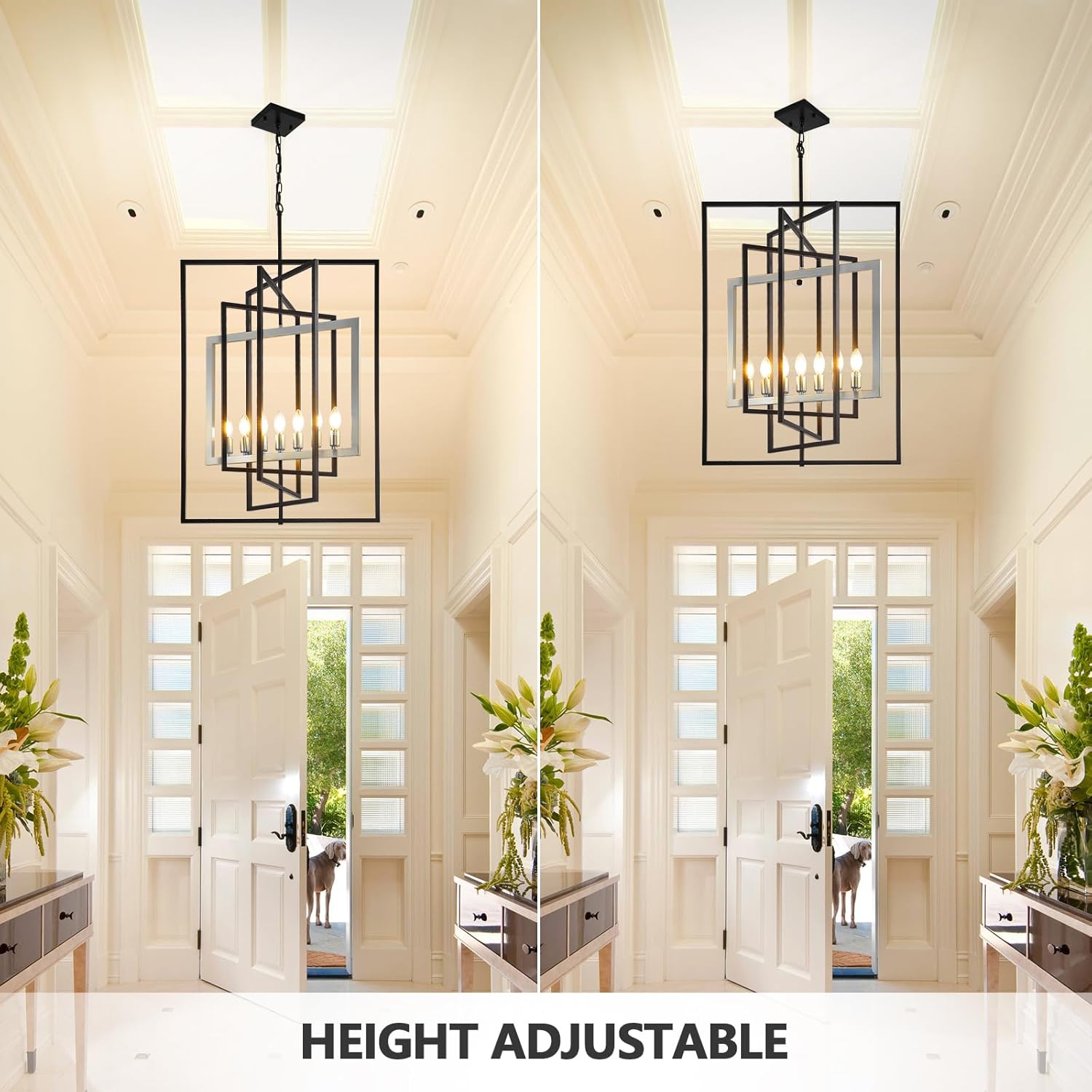 7-Light Lantern Pendant Light Fixtures, Rustic Industrial Farmhouse Foyer Lighting Fixtures, Large Foyer Chandeliers for High Ceilings, Farmhouse Modern Chandeliers for Entryway（Black & Silver）