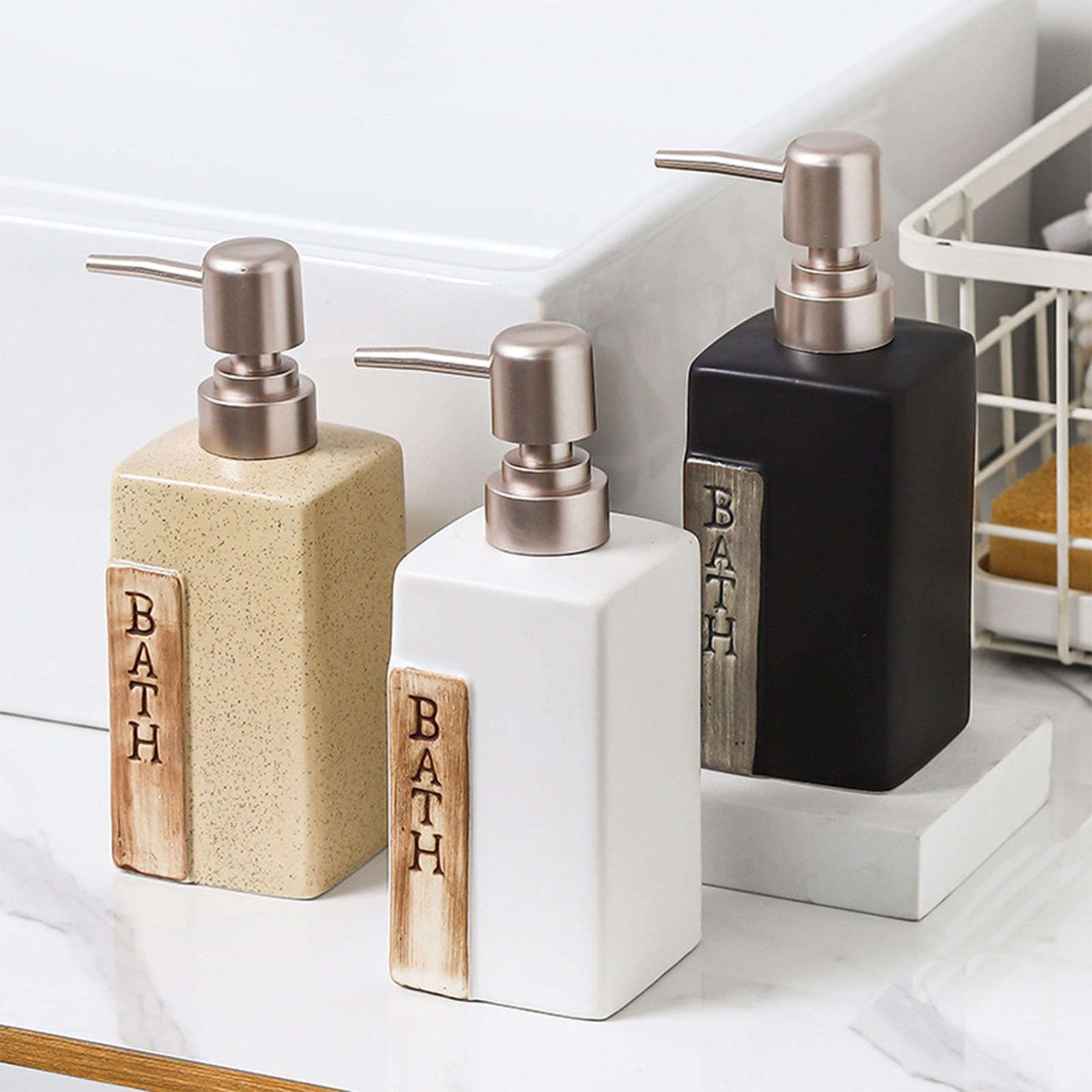Dispensador de jabón, dispensador loción Cuadrado cerámica, Manos, champú rellenable, tocador baño encimera, Negro, 380 ml/13,4 oz