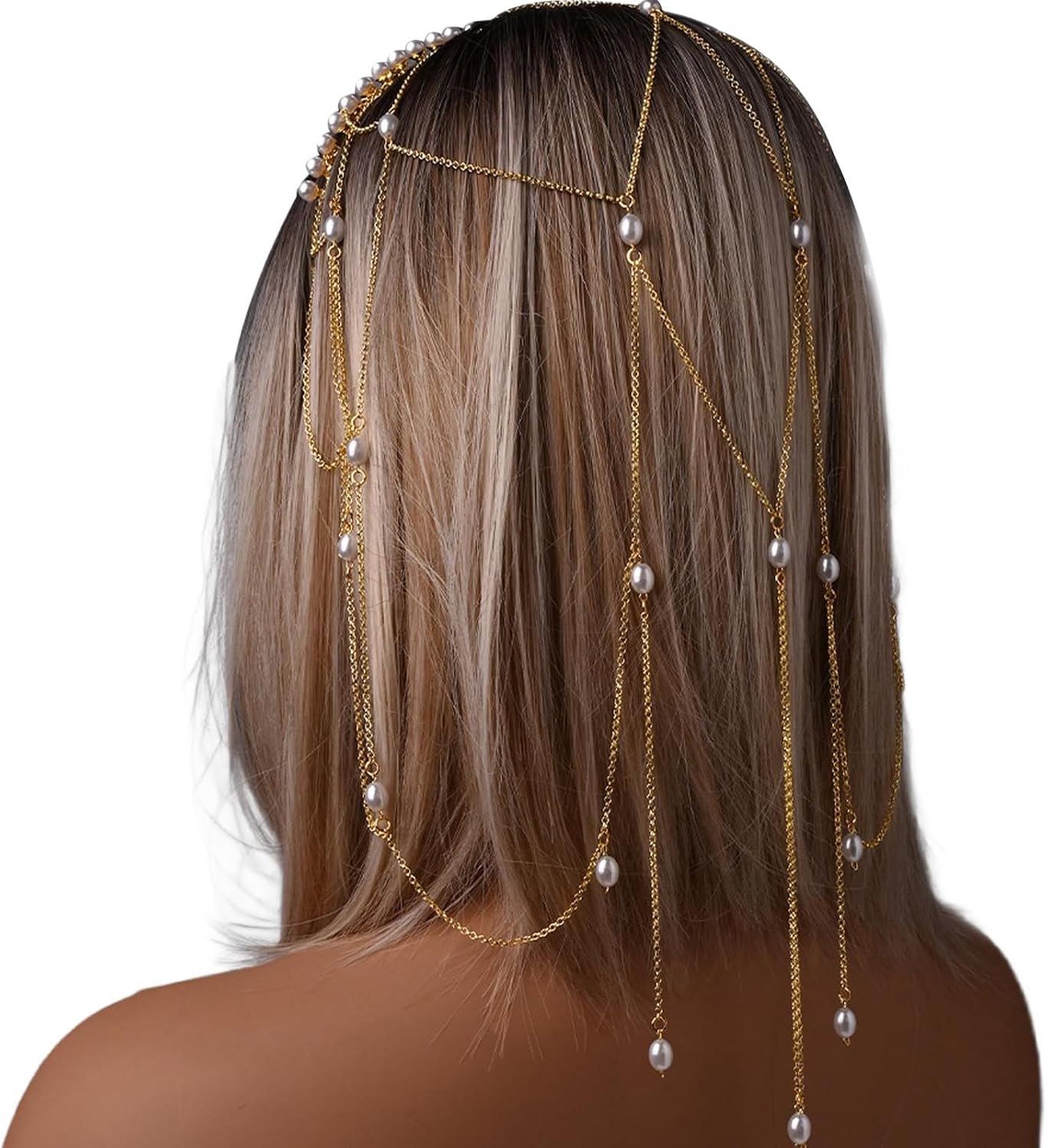 Long Tassel Pearl Hair Chain Jewelry Festival Rave Vintage Beaded Headband Chain Wedding Bridal Pearl Mesh Headpiece Jewelry for Women