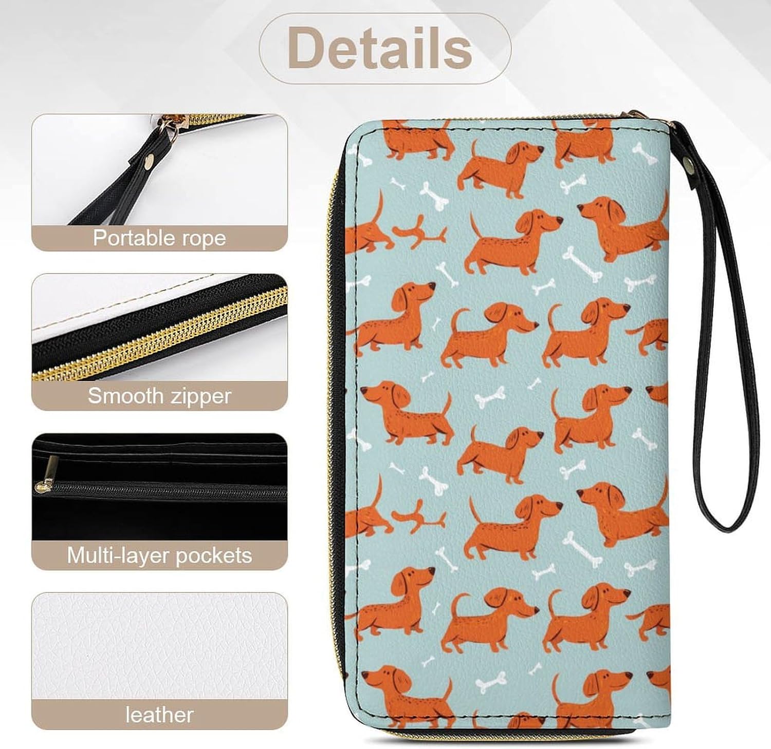 Dachshund Dogs Pattern Long Zippered Pouch Large Clutch Cash Wallet with Rope Handle for Men Women