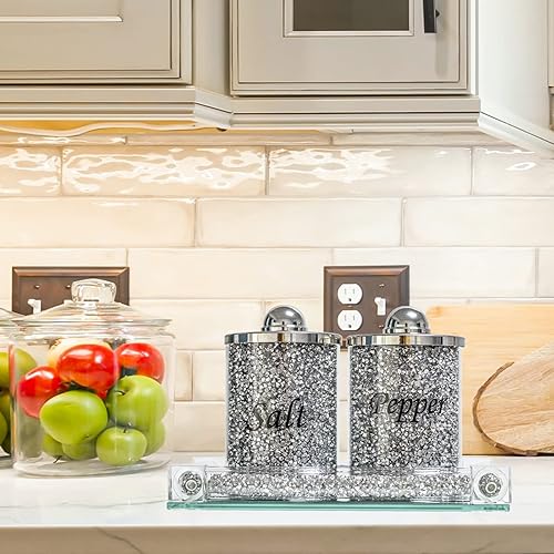 Miniatura 4 de Juego de 3 saleros y pimenteros de cristal, recipiente de almacenamiento de condimentos de cocina plateado con bandeja de espejo, decoración del