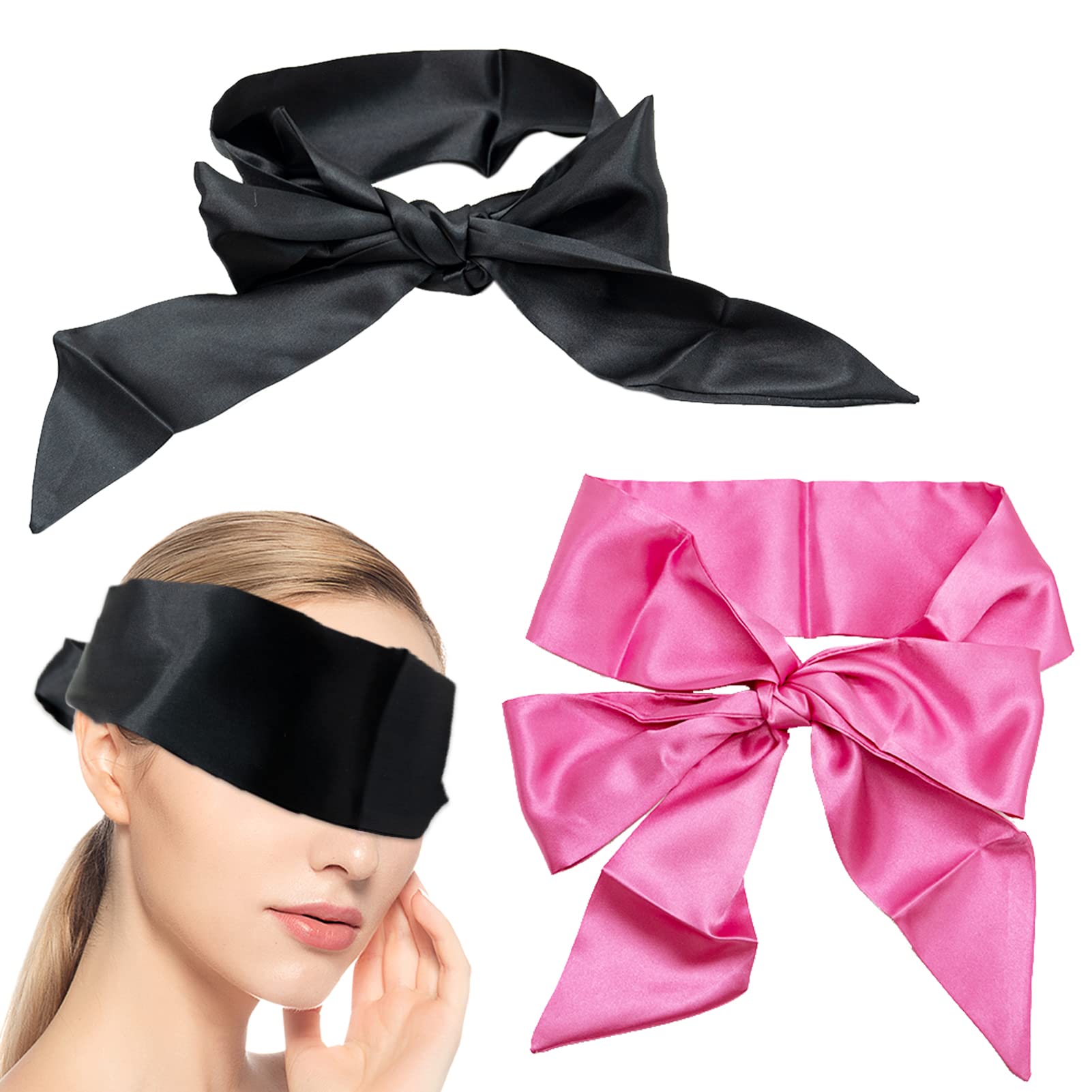 SZXMDKH 2 pcs Satin Eye Blindfold, 150cm/59inch Smooth Satin Eye Mask for Sleeping Games Satin Eye Covers Sleep Mask(Black+Pink)
