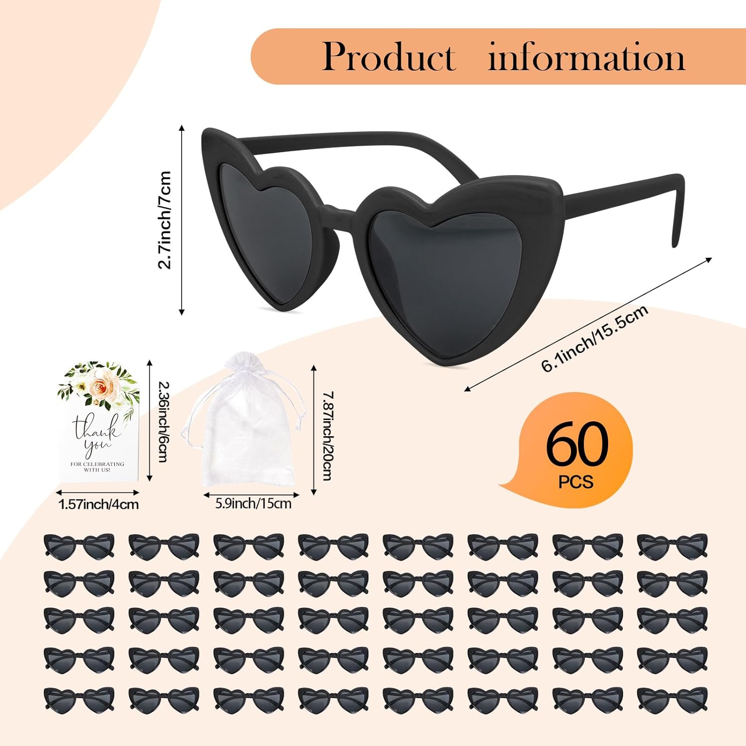 60 Sets of Heart-Shaped Sunglasses, Bulk Wedding Party Favors, Souvenirs and Reception Gifts for Guests