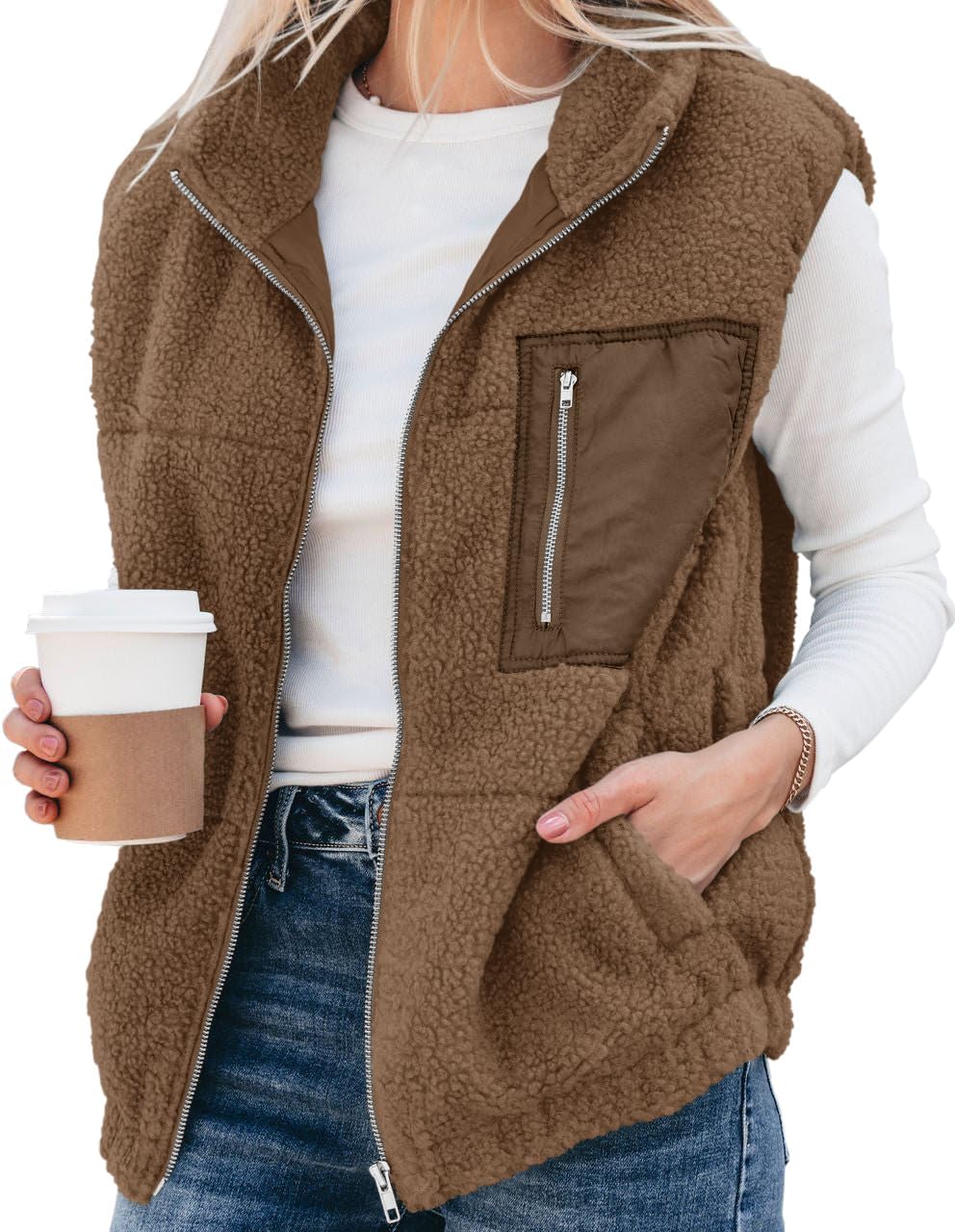 Women's Oversized Sherpa Vest Casual Warm Fleece Fuzzy Jackets Sleeveless Zip Up Cozy Vests Outerwear with Pockets