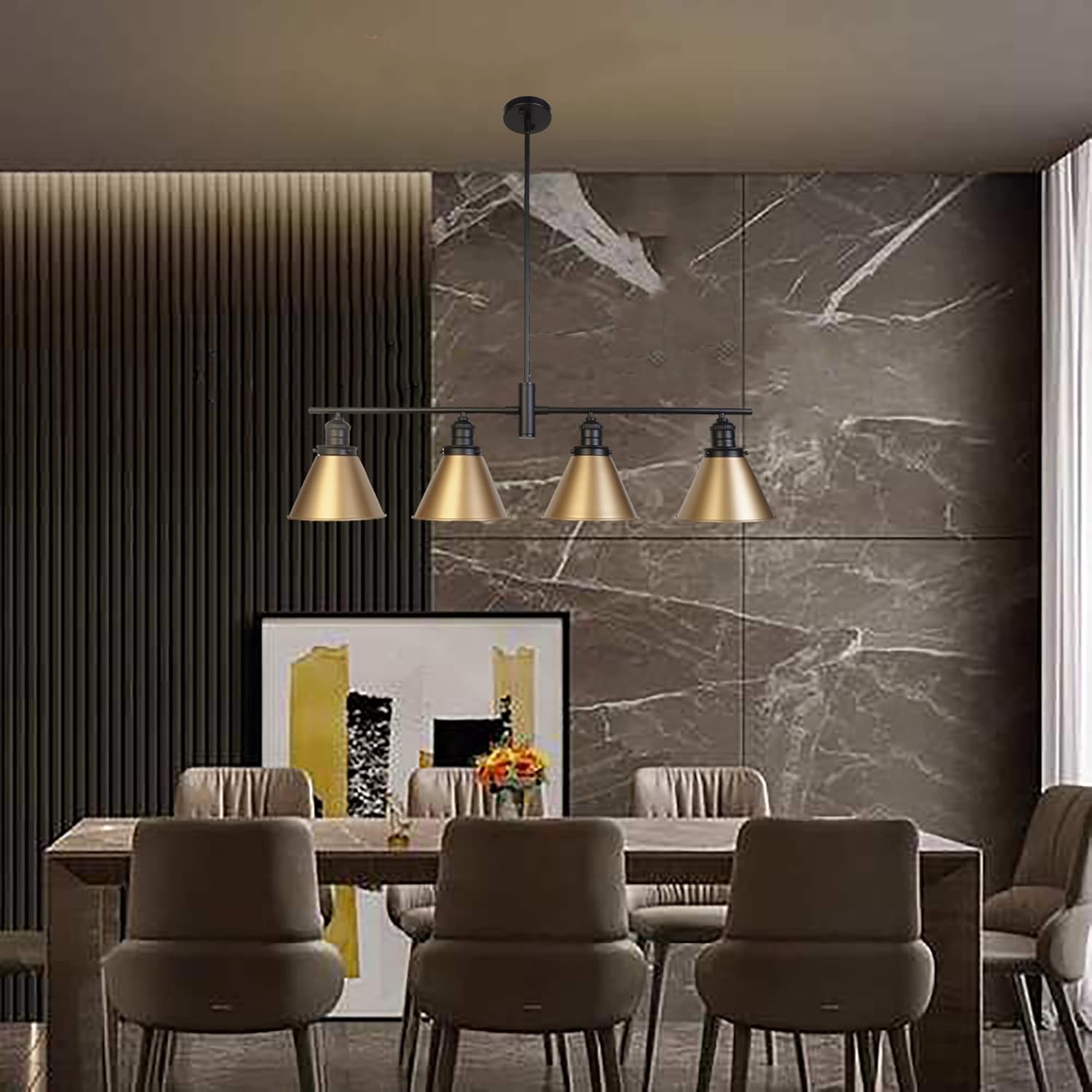 4 - Light Kitchen Island Cone Pendant with Rope Accents and Metal Shade Industrial Style Chandelier for Kitchen Bedroom Living Room