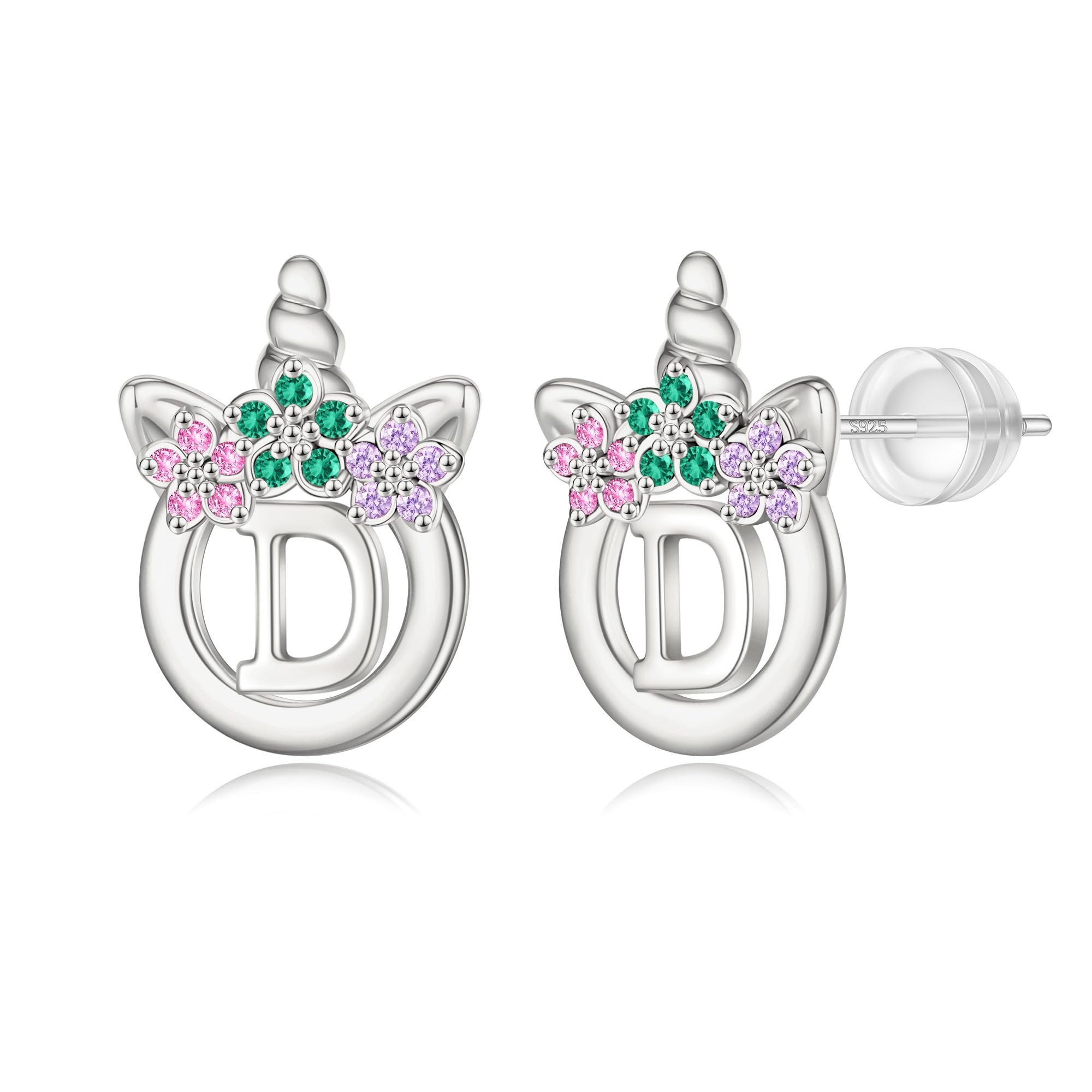 Unicorn Earrings Gifts for Girls - 925 Sterling Silver Stud Earrings Hypoallergenic Initial Unicorn Earring for Girls Kids Jewelry CZ Birthday Gifts