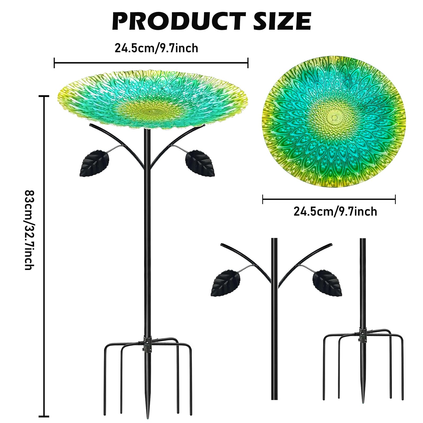 Bebedero para pájaros de pie, grande, 83 cm, de metal, baño para pájaros de pie, para jardín, resistente al invierno para exteriores, bebedero de agua antiguo para pájaros, bebedero de jardín con base
