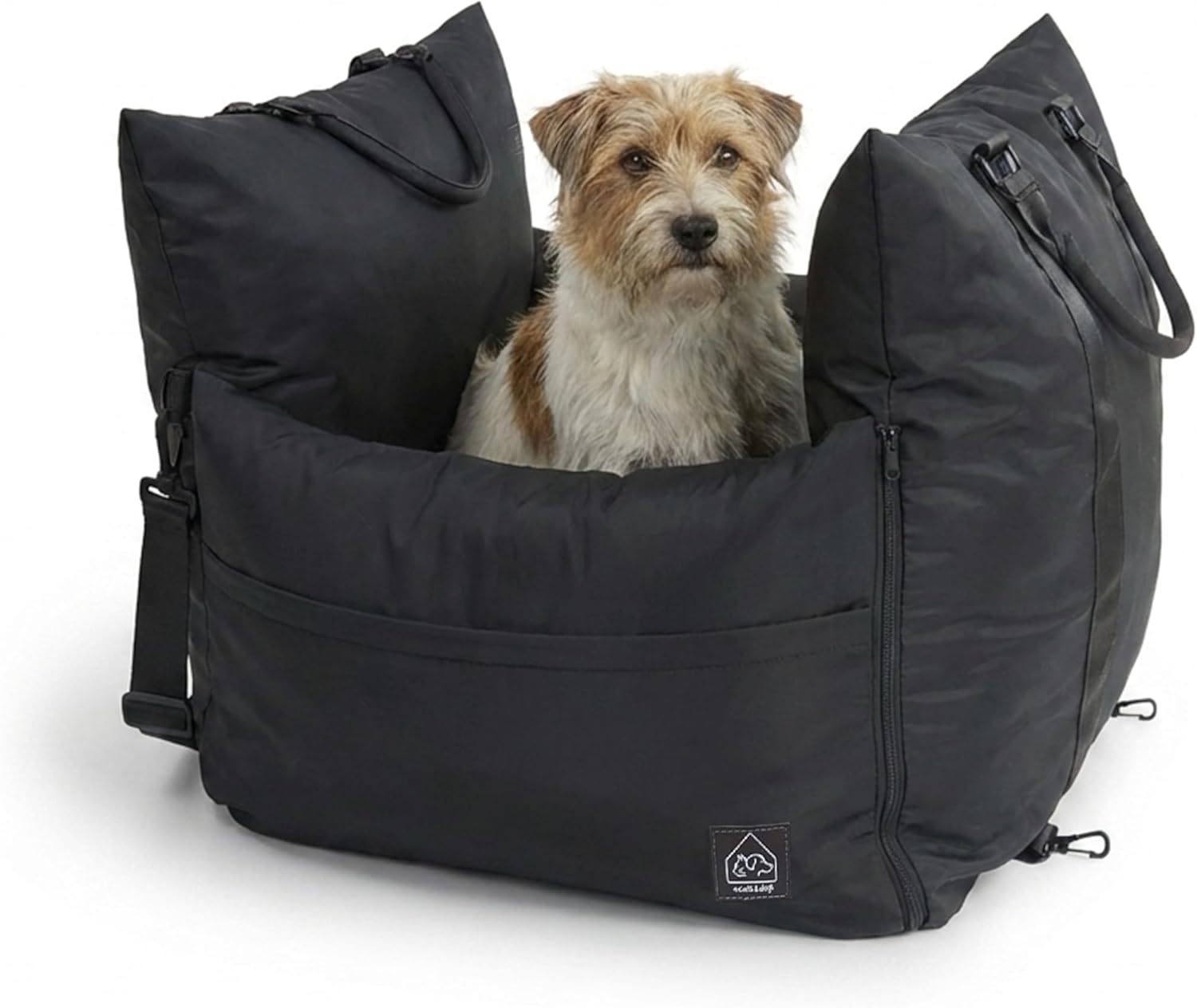 4 Cats & Dogs Marco Travel Pet Bed – Dog Car Seat for Small & Medium Dogs, Waterproof, Faux Fur Cushion, Safety Belt, Washable Cover, Storage Pockets, Booster Seat (Black, Single Seater 18.5" x 21")
