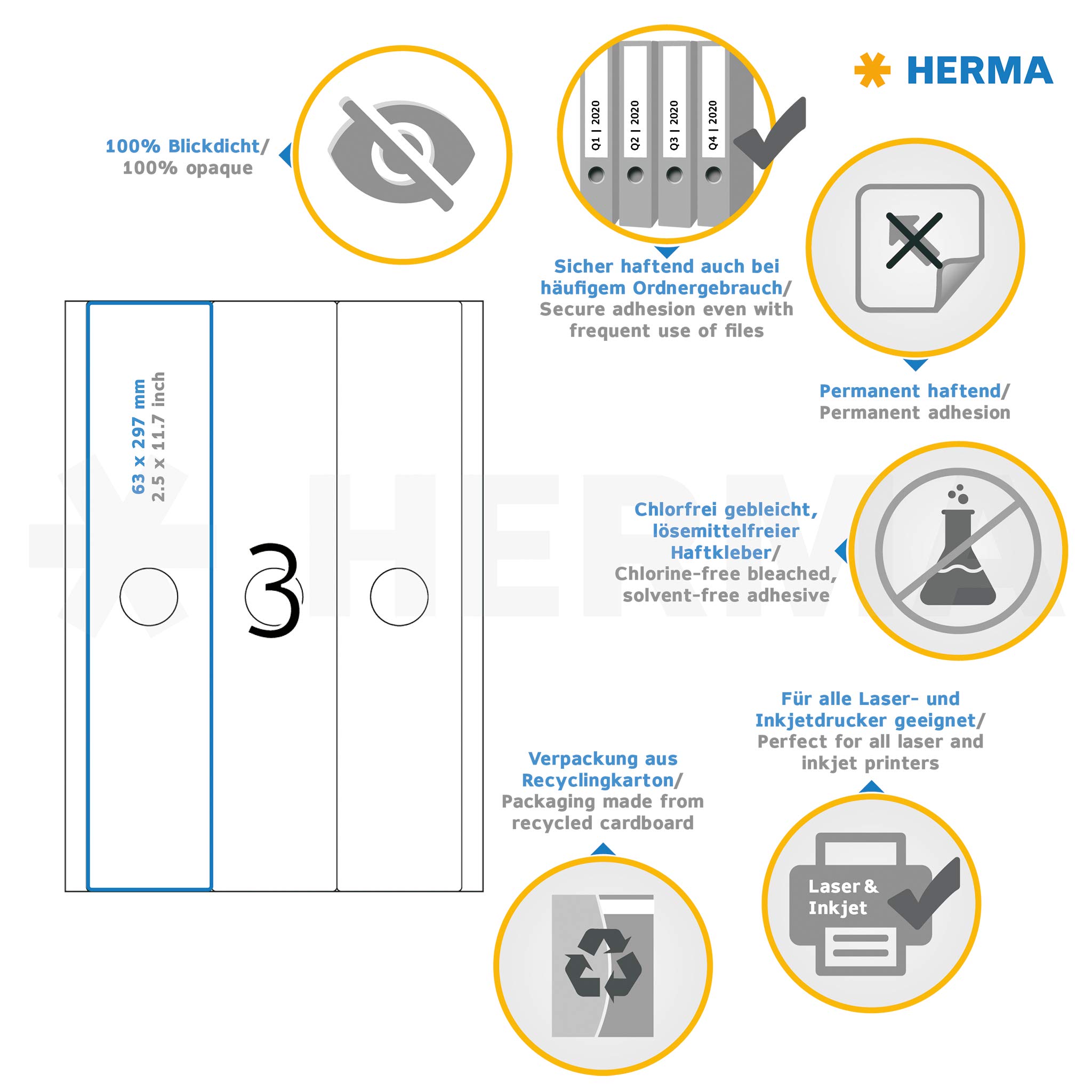 HERMA 5167 Hängeordner-Etiketten lang breit, 800 Blatt, 63 x 297 mm, 3 pro A4 Bogen, 2400 Stück, selbstklebend, bedruckbar, blickdicht, blanko Papier Ordneretiketten Rückenschilder Aufkleber, weiß