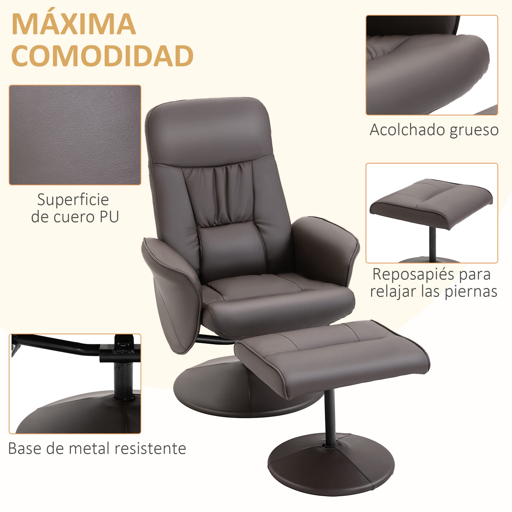 HOMCOM Sillón Relax Reclinable con Reposapiés, Sillón Relax de Cuero Sintético con Respaldo Alto, Giratorio 360°, Reposabrazos, para Salón, Dormitorio, Marrón