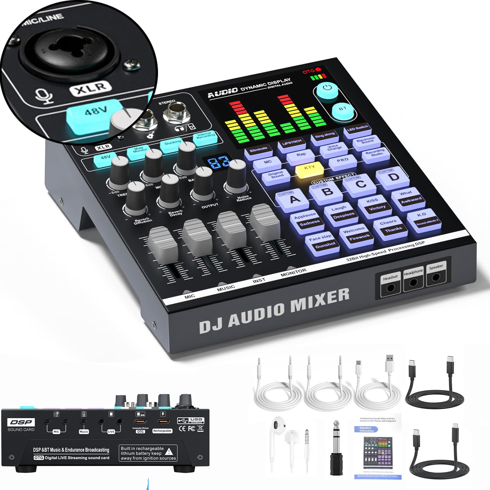 Scheda audio, mixer audio DJ con DSP, ingresso XLR, batteria integrata, scheda effetti sonori per live streaming, podcasting
