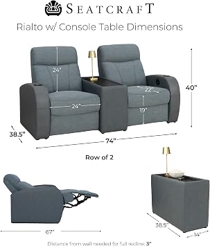 Seatcraft Rialto Fabric Home Theater Seating Indigo Isle/Smokey Blue Power Recliner Chair with Wireless Charging Console Table Lounge Sofa for Family Living and Cinema Room, Row of 2