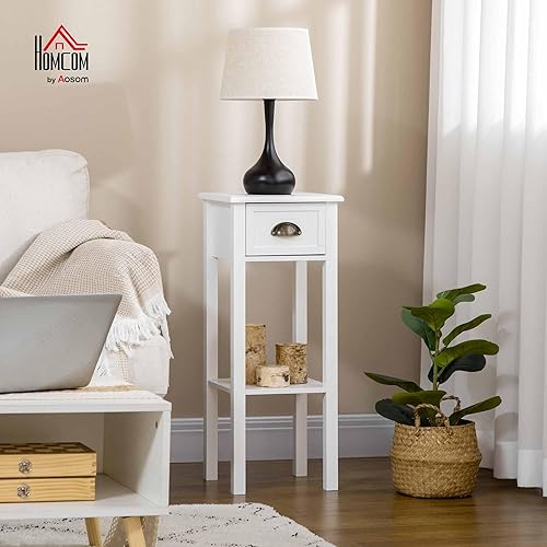 Miniatura 29 de HOMCOM Mesa auxiliar de 2 niveles con cajón, mesa auxiliar estrecha con estante inferior, para sala de estar, juego de 1, color rojo Rojo -,Negro