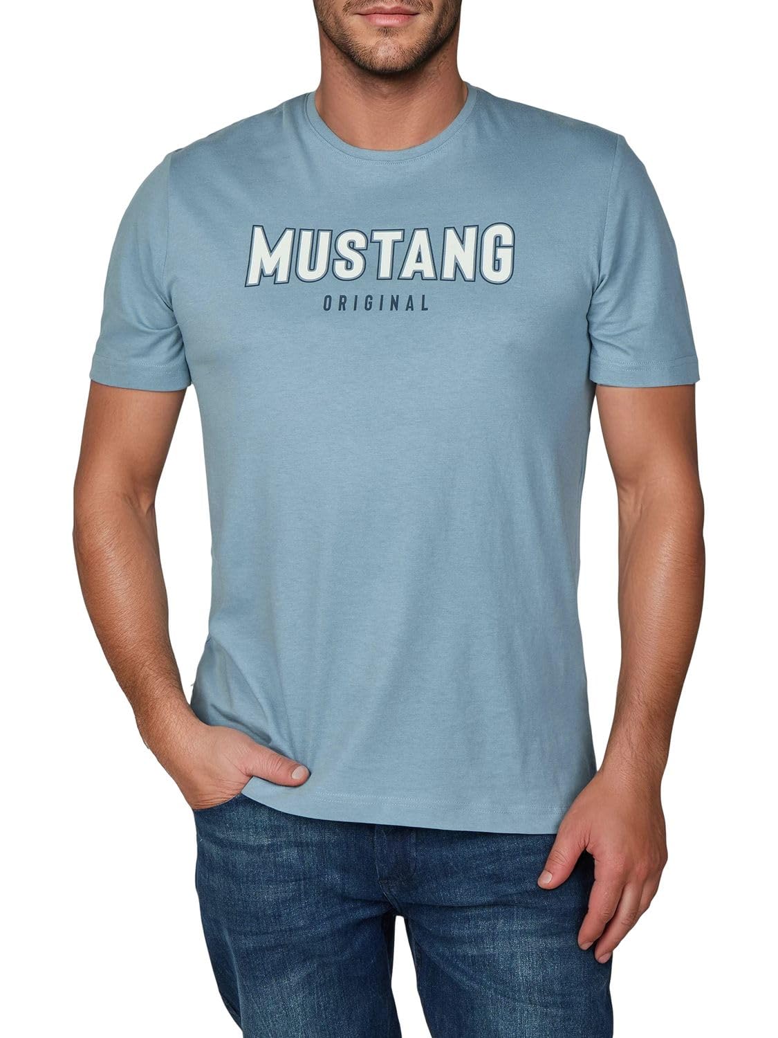 MUSTANG Tshirt Herren Baumwolle Regular Fit 4er Pack Set Rundhals Kurzarm Sommer Tee Shirt Logoprint Schwarz Weiß Grau Blau Grün S M L XL XXL 3XL 4XL 5XL 6XL
