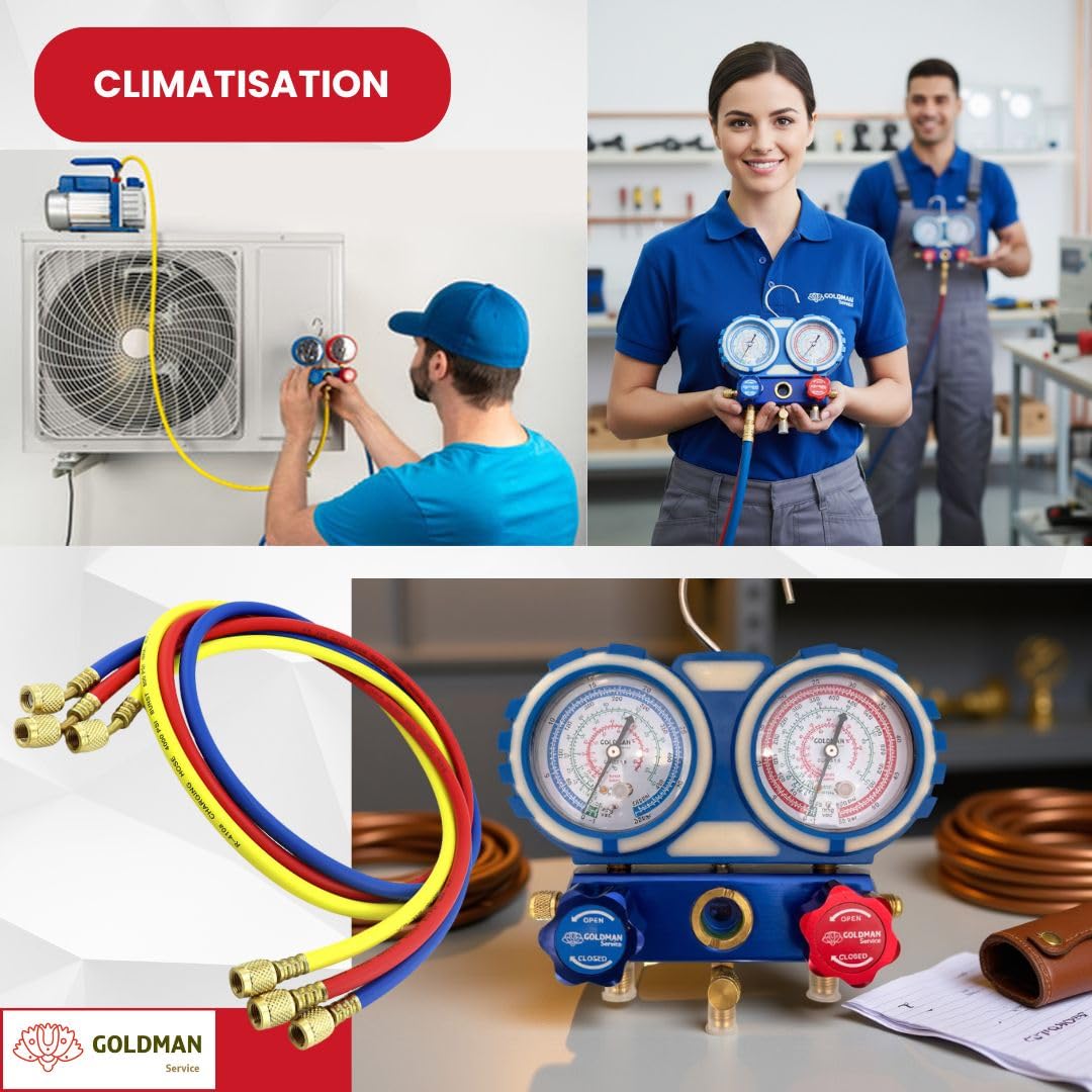 GOLDMAN SERVICE | Kit Manomètre Climatisation avec 3 Tuyaux de Recharge et Mesure de Gaz Réfrigérant Voiture AC | R410A R407C R32 R134a