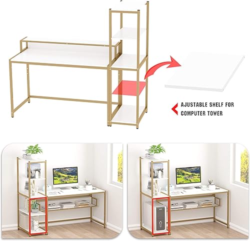 Miniatura 5 de Teraves Escritorio para computadora con estantes de 5 niveles, escritorio reversible con almacenamiento de 33 pulgadas, mesa de estudio para oficina