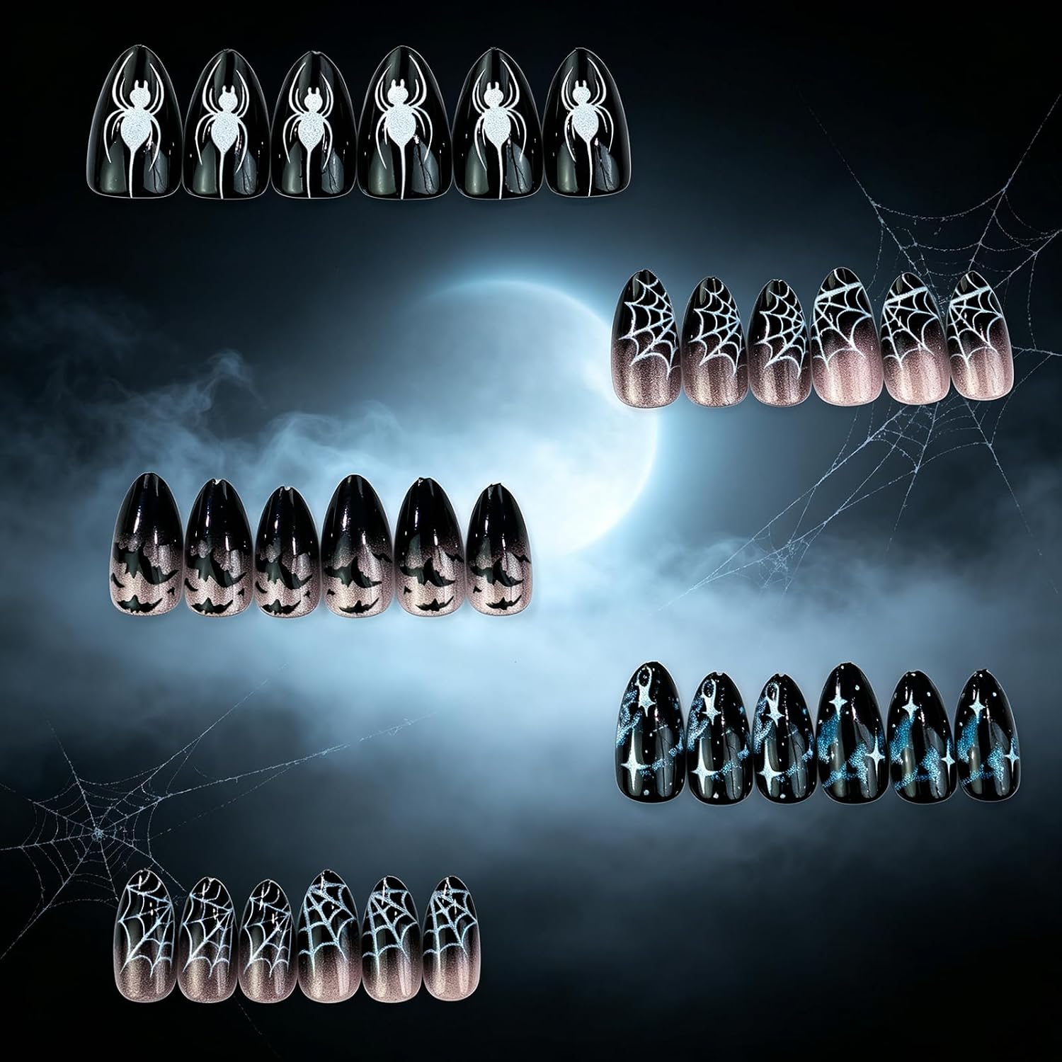 Short Almond Acrylic Fake Nails Halloween Press on Nails Spider Web Bat
