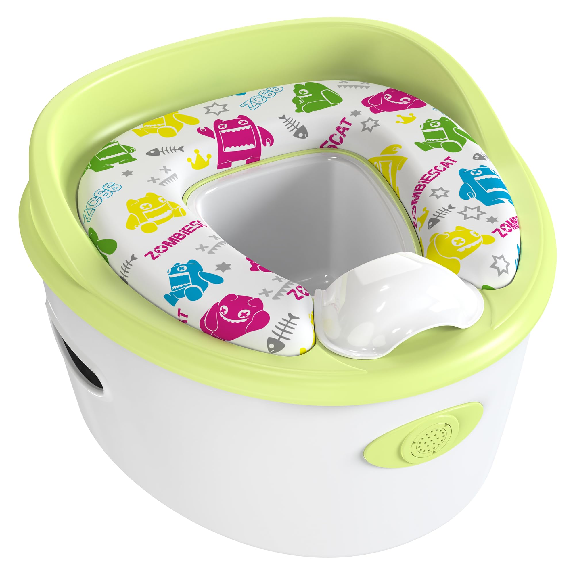 Orinal de entrenamiento musical 3 en 1 para niños pequeños con asiento acolchado, verde y blanco, maceta interior extraíble