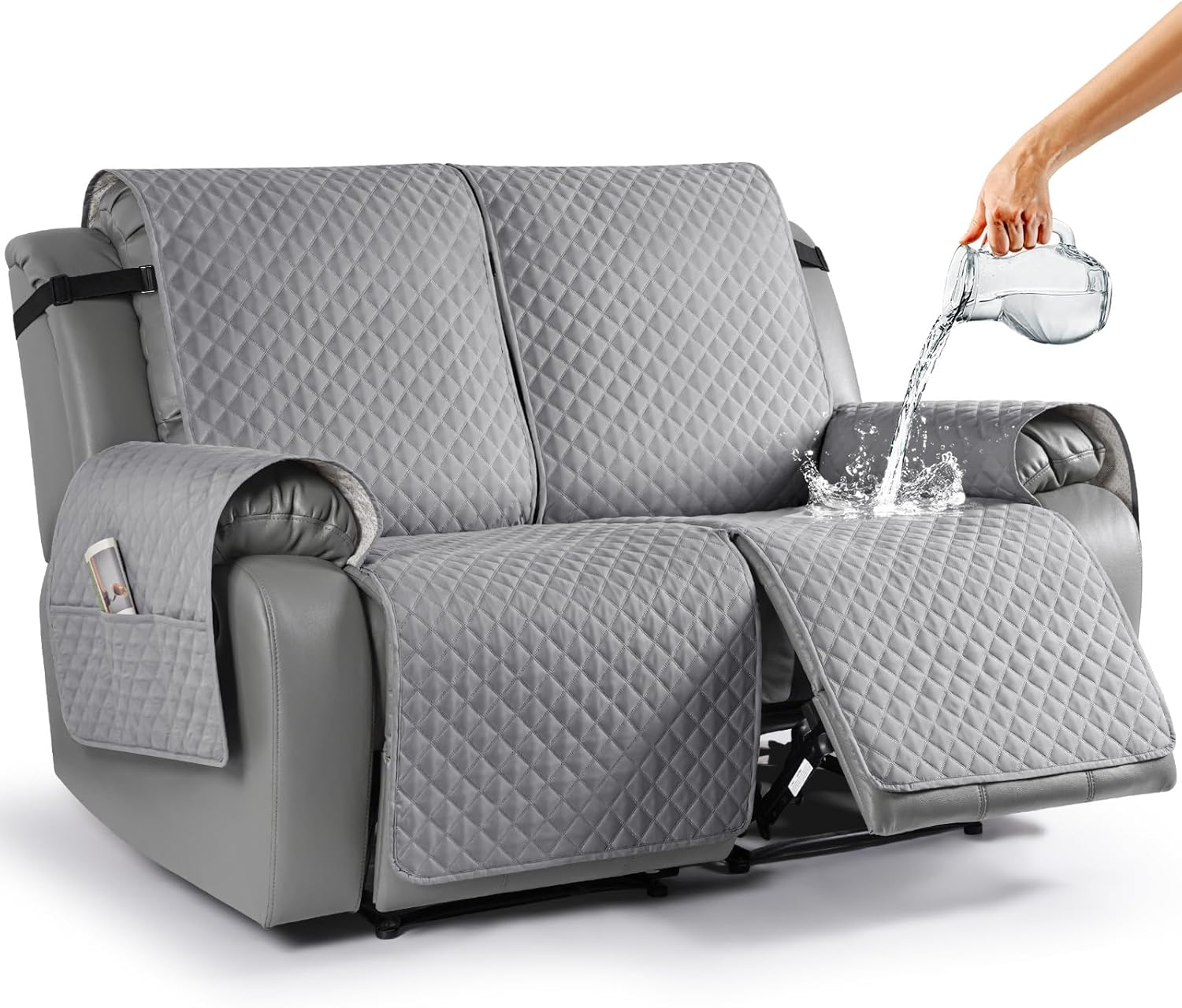 TAOCOCO Loveseat Recliner Cover Non-Slip Sofa Slipcover, Pet Cover for 2 Seat Recliner with Elastic Straps, Washable Reclining Loveseat Covers Recliner Furniture Protector (2 Seater, Light Gray)