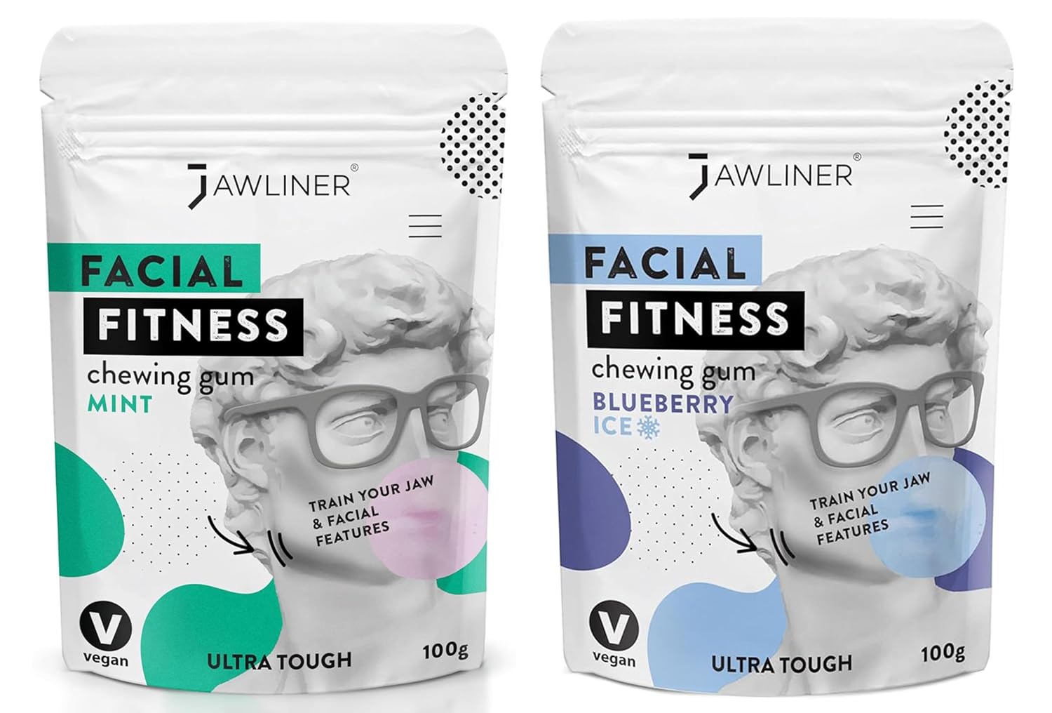Jawliner Fitness Chewing Gum 15X Harder Jawline Gum Sugar Free Mint and Blueberry Jaw Gum Includes 12 Weeks Coaching - Jawline Exerciser for Mewing & Shaping the Jaw (4 Months Pack of 2 Flavor)