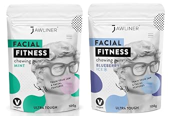Jawliner Fitness Chewing Gum 15X Harder Jawline Gum Sugar Free Mint and Blueberry Jaw Gum Includes 12 Weeks Coaching - Jawline Exerciser for Mewing & Shaping the Jaw 4 Months Pack of 2 Flavor