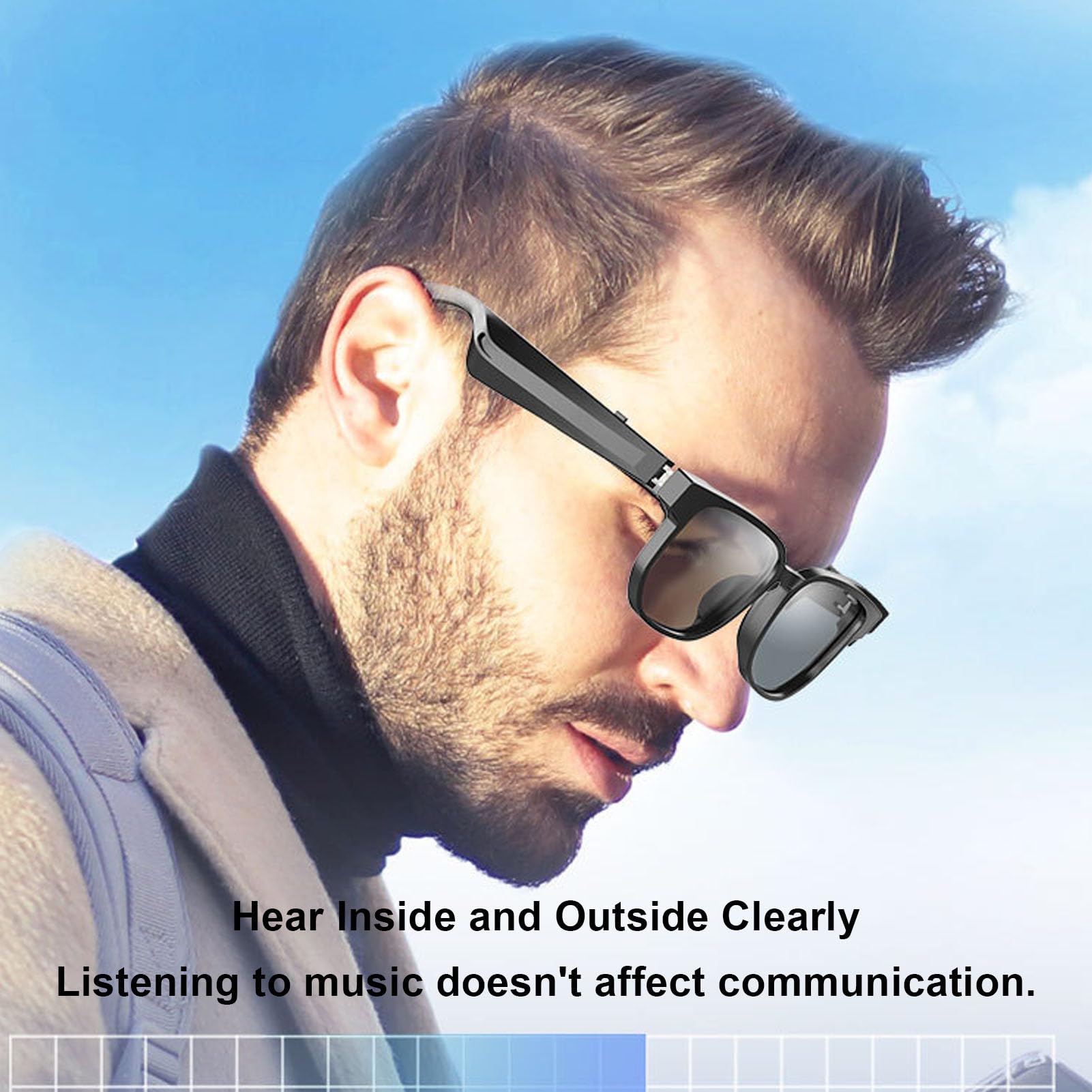 Luocute Occhiali BT Intelligenti, Occhiali da Sole per Cuffie Wireless con Chiamate Musicali a Doppio Altoparlante, Tecnologici Indossabili per Uomo Escursionismo in