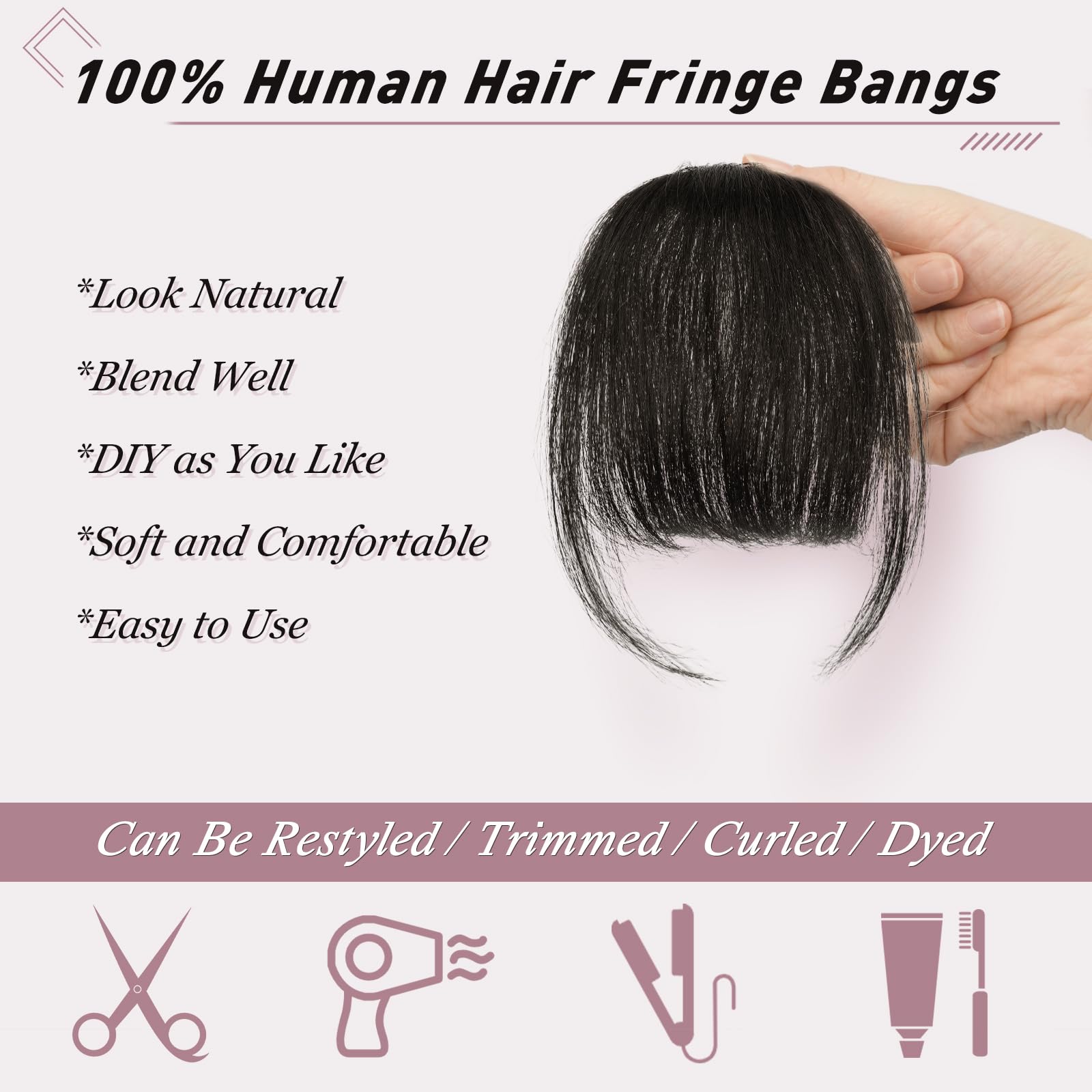 RUWISS Clip in Pony 100% capelli veri con clip in bangs con tempie, capelli umani Remy, fringe bangs per donne frangia Extension capelli umani da donna (nero naturale)