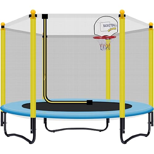 60" Kids Trampoline with Safety Enclosure Net, 5FT Toddler Indoor & Outdoor Trampoline/w Basketball Hoop - Parent-Child Interactive Game Fitness Trampoline Toy Gift for Boys and Girls Age 1-8