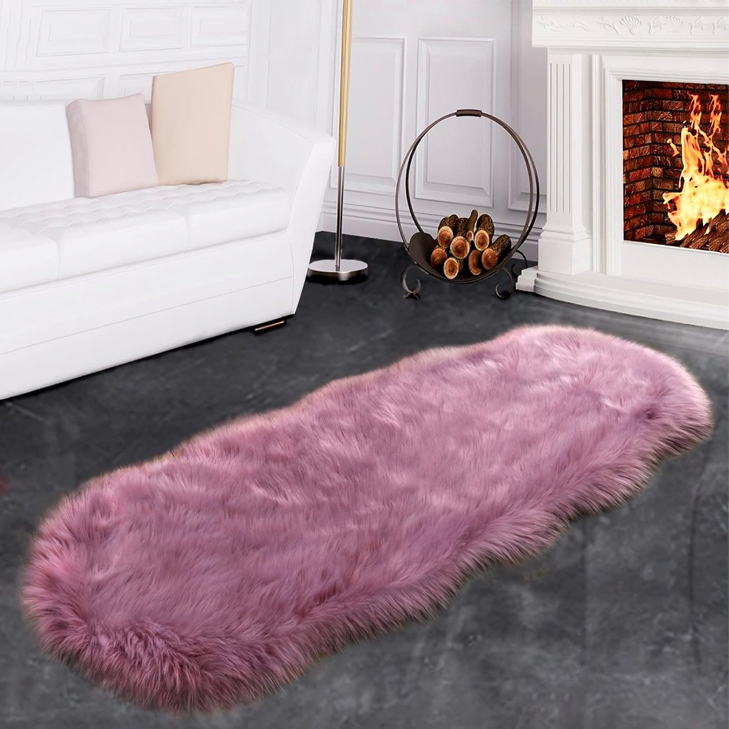 SERISSA Ultra Soft Fluffy Light Purple Faux Sheepskin Fur Shaggy Couch Cover Furry Carpet for Kids Room Fuzzy Plush Rug for Bedroom Living Room Runner, 2x6 Feet (Sheepskin Shape, Light Purple)