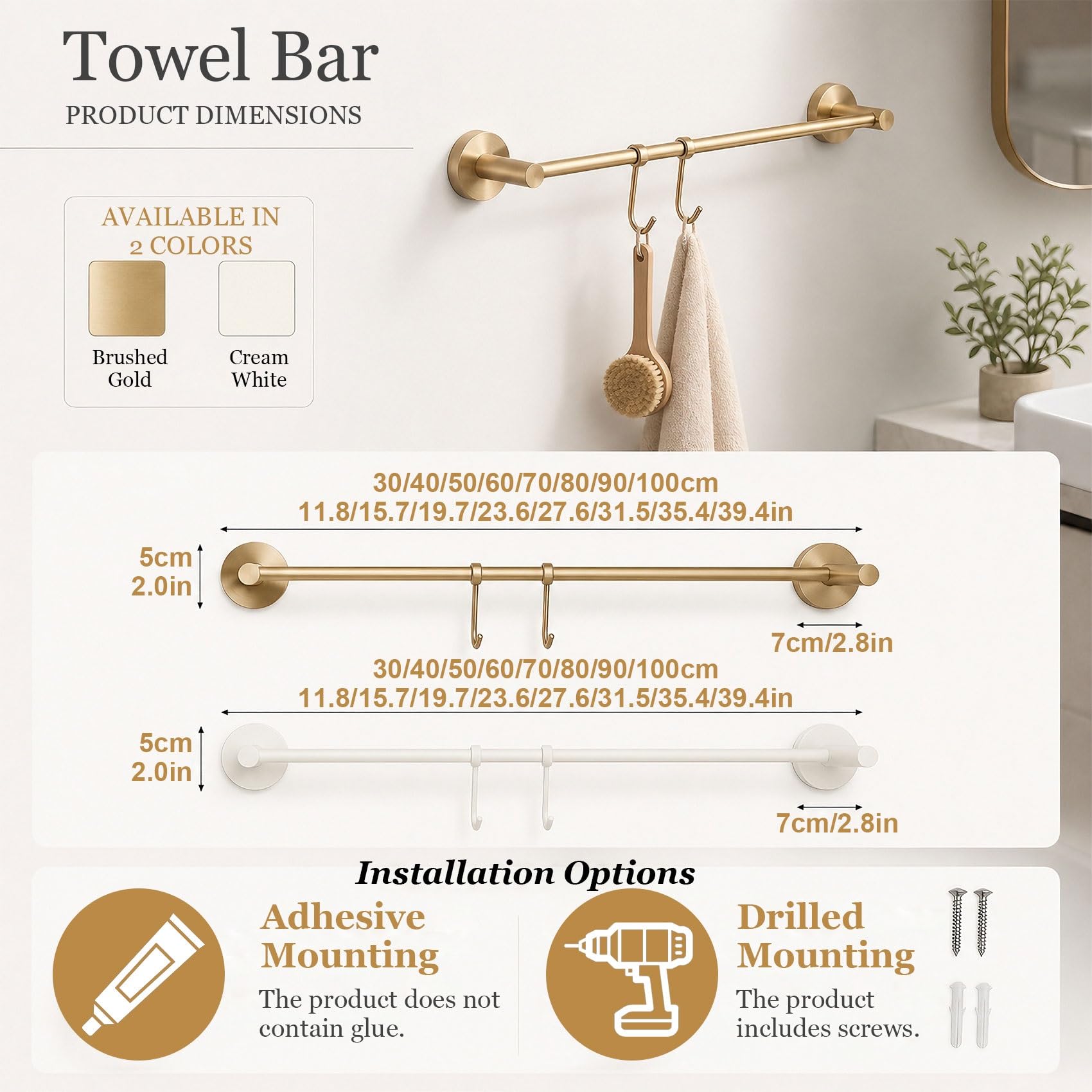 Toallero de Pared Sin Taladro para Baño en Latón, 2 Ganchos Deslizantes | Barra Impermeable y Antioxidante, Fuerte Organizador Oro Cepillado para Ducha, Cocina, Aseo Lavabo(Cream White,40cm/15.7in)