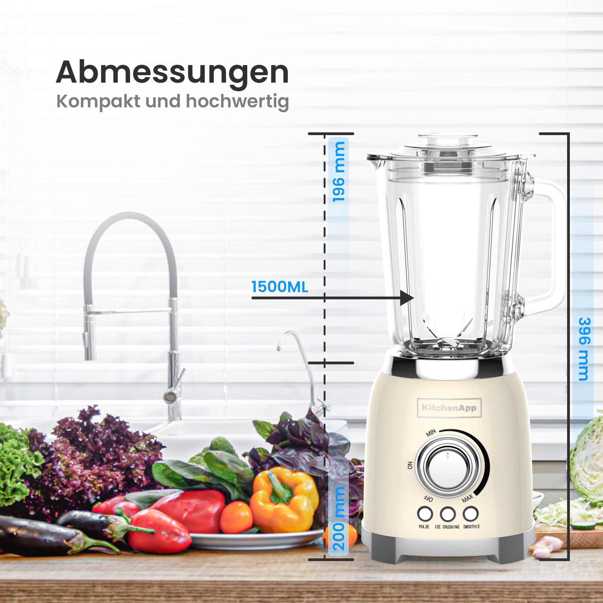 Retro Standmixer 1,5L mit Glaskanne – 800W Mixer mit Eiscrusher, Smoothie- & Pulse-Funktion, Beige