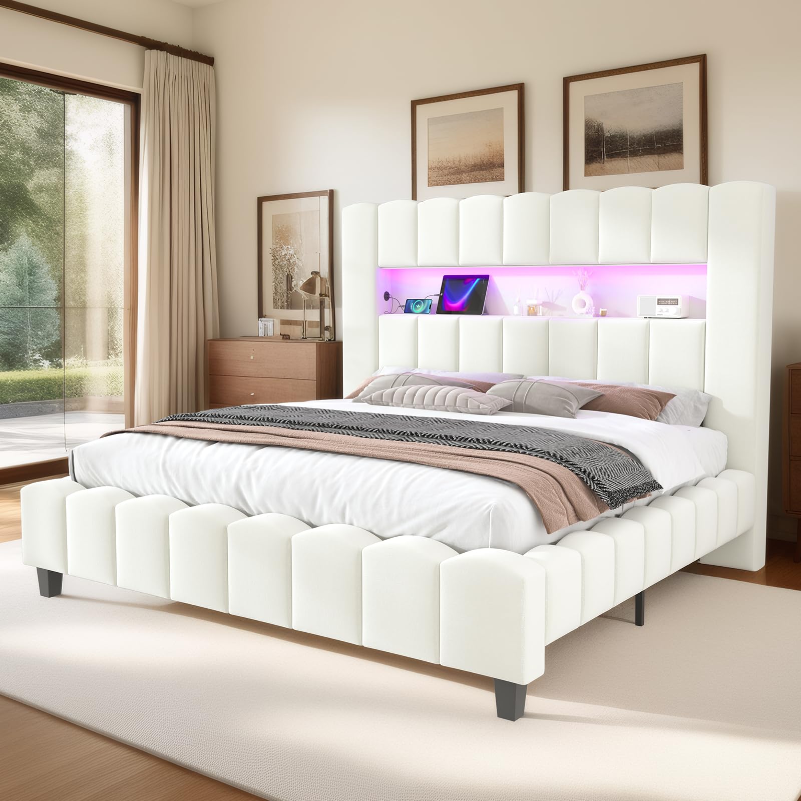 King Bed Frame  Velvet Upholstered Platform Bed Frame with Charging Station and 51.2" Storage Headboard/Cream(2 boxes)
