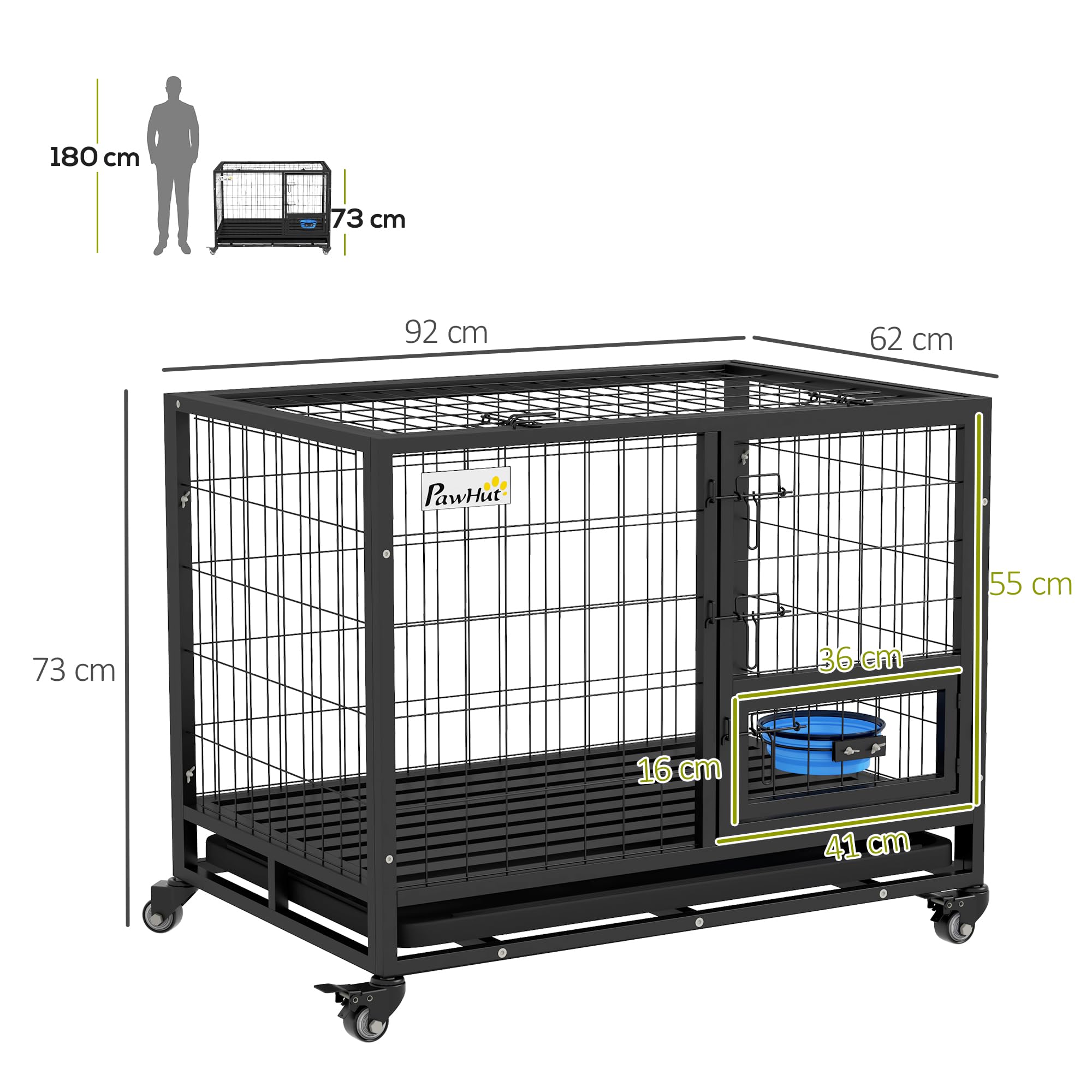 PawHut Jaula para Perros Jaula para Perros Grandes con Tapa Superior Abatible Soporte de Cuenco Bandeja Extraíble Ruedas y Puerta Doble Desmontable 92x62x73 cm Negro