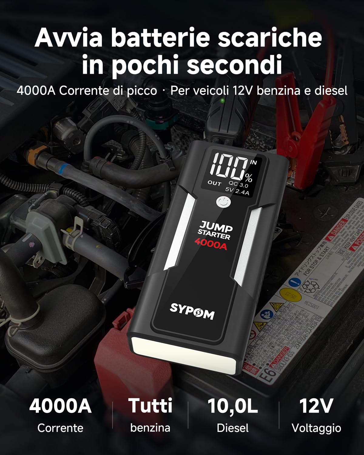 Avviatore di emergenza SYPOM, avviatore di emergenza per batteria dell'auto con picco di 4000A (per tutti i tipi di gas o fino a 10L di gasolio), pacco batteria di avviamento per auto portatile