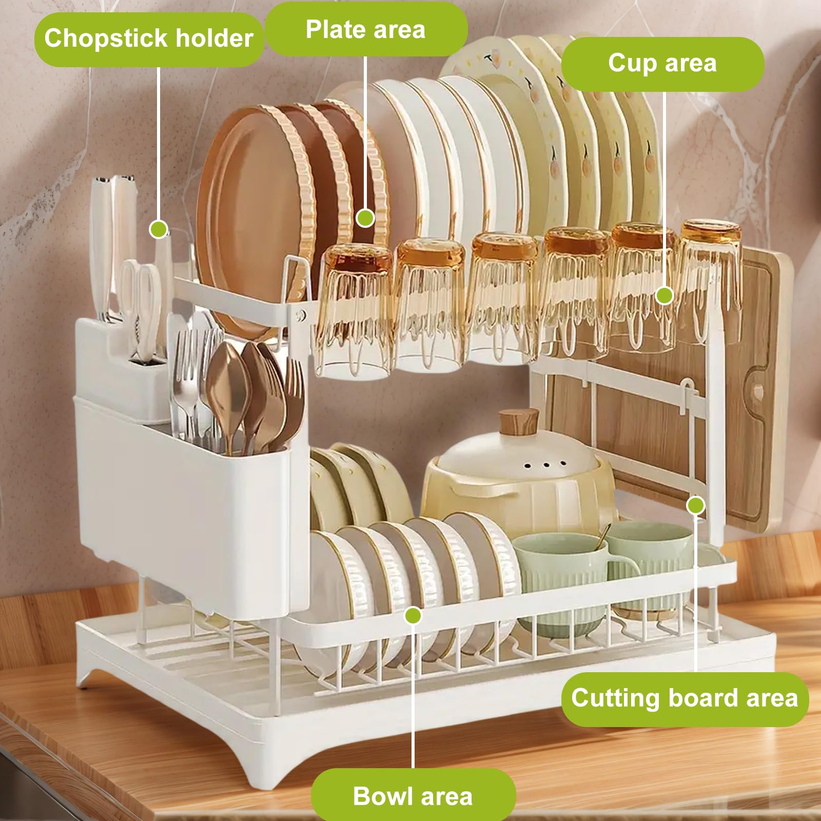Escurridor de platos de metal resistente de 2 niveles con superficie de drenaje y soporte de silicona – Nizador de cocina para platos, tazas, botellas, utensilios – Ahorro de espacio, duradero y fácil