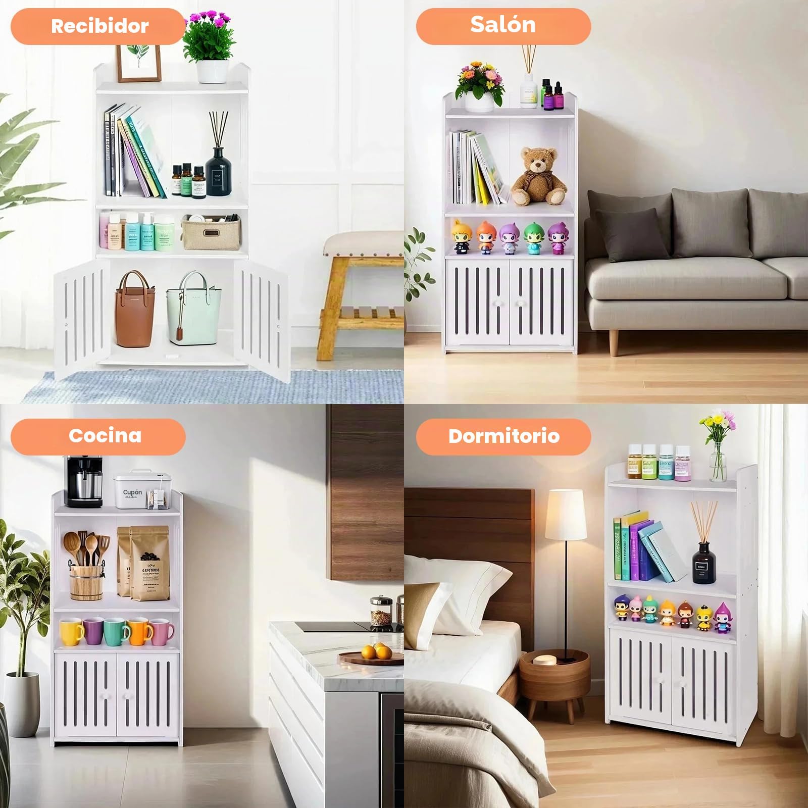 powerking 4-Tier White Bathroom Storage Cabinet，Organizador Independiente con Puertas y estantes, Armario de Piso de Almacenamiento Impermeable para baño, Inodoro, Oficina, Sala de Estar, Cocina