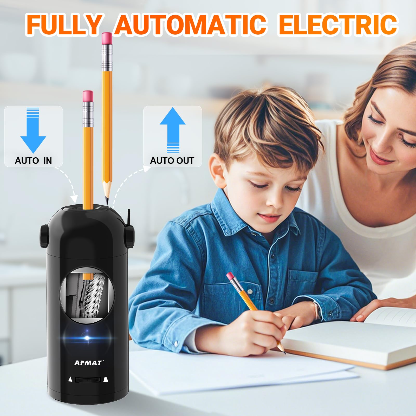 AFMAT Temperamatite elettrico, completamente automatico, per matite colorate, 7-11,5 mm, ingresso e uscita automatico, ricaricabile, per matite grandi, spessore regolabile, viola