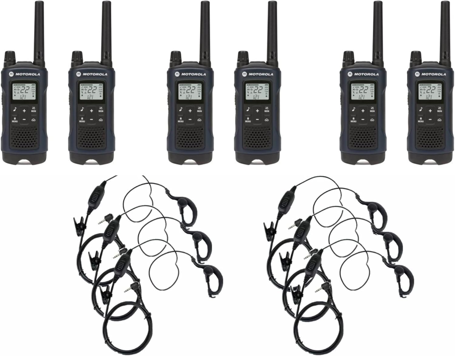 Motorola T460 Two Way Radio 6Pack Walkie Talkies with 6 PTT Curl Earpieces