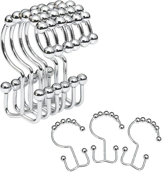 Shower Curtain Rings, OEH Shower Curtain Hooks, Rust-Resistant Metal Shower Hooks for Curtain, Double Glide Shower Curtain Hooks for Bathroom Shower Curtain & Shower Liner, Set of 12, Chrome