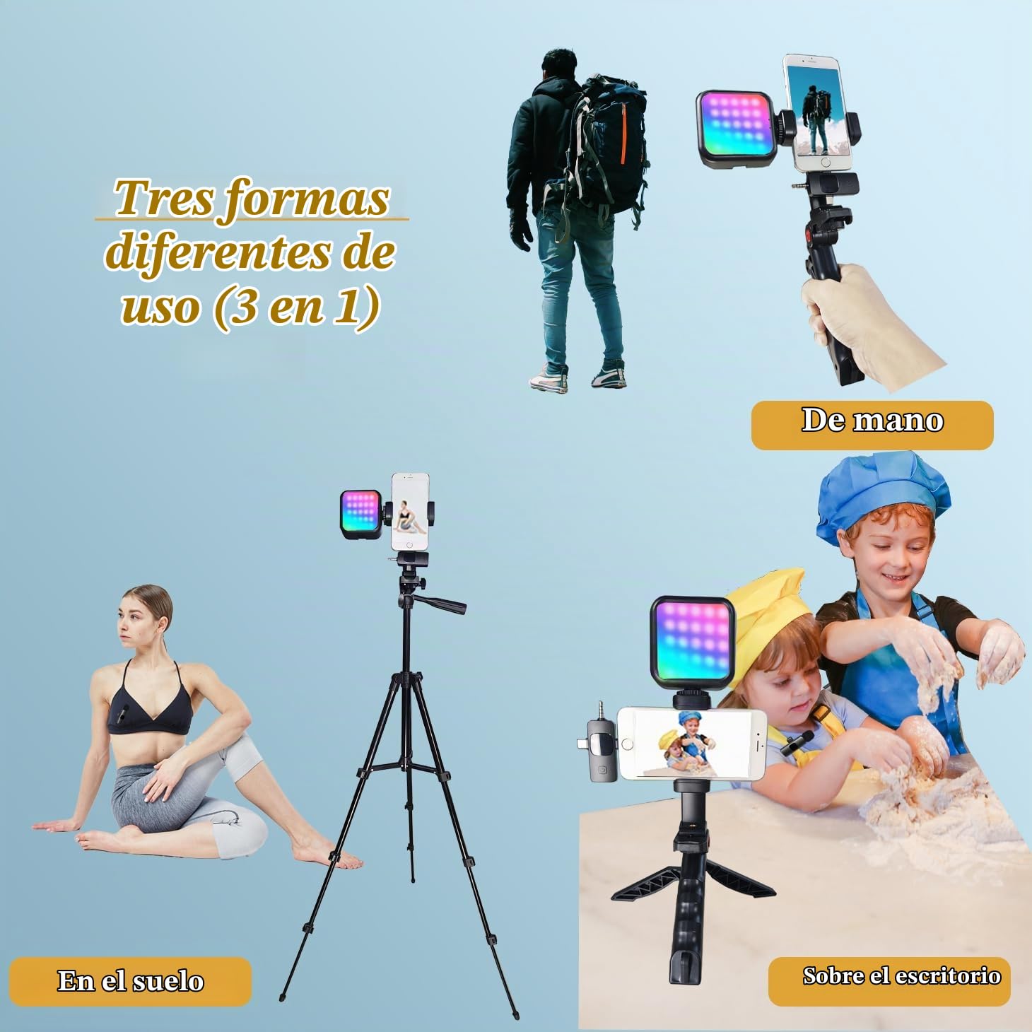 Vlogging Kit, Vlogging Kit para iPhone Andriod Phone, Kit de Vídeo Influencer w/Lavalier Mic/Luz RGB/Remoto/Trípodo Extensible Trípode móvil