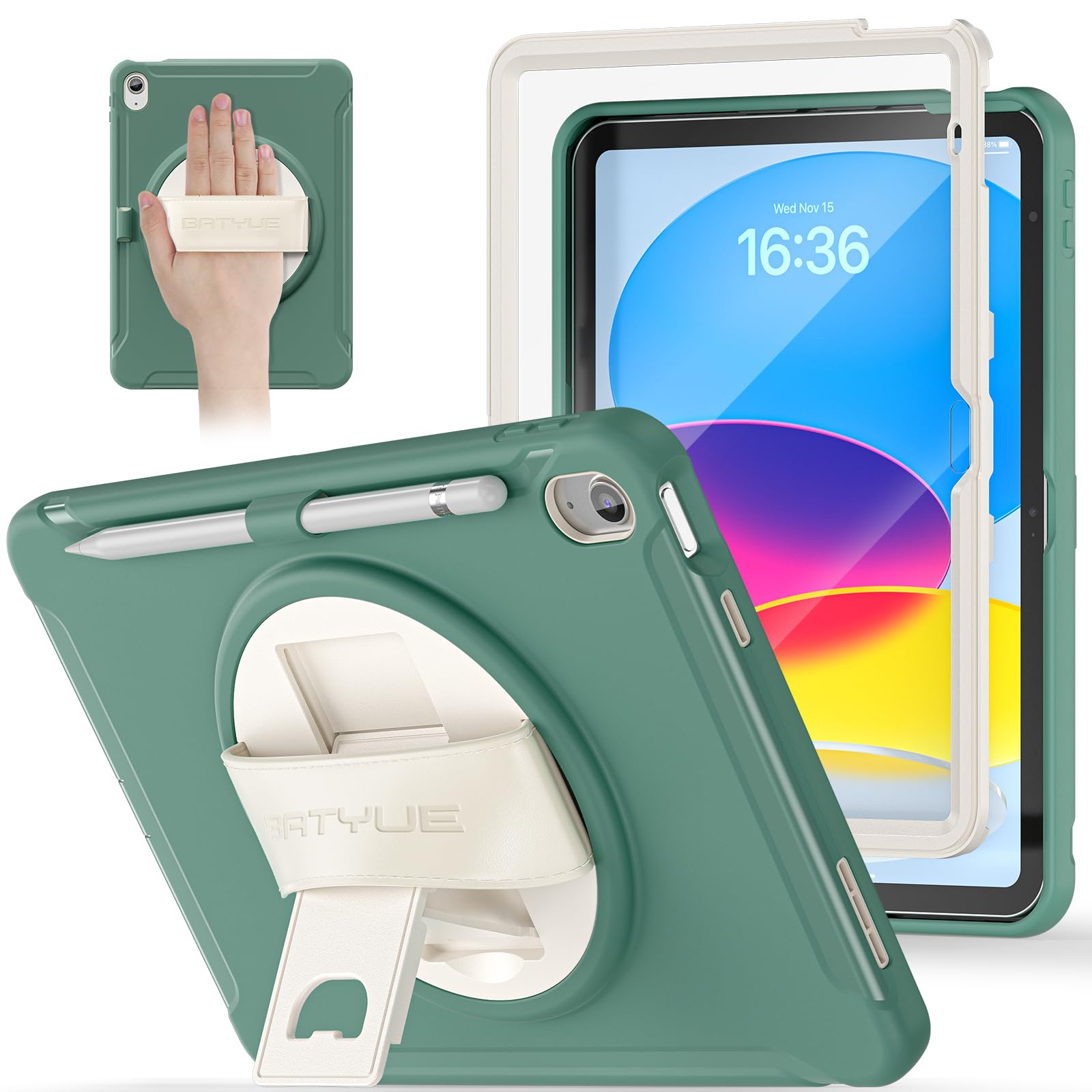 BATYUE Custodia per iPad 10°/11° generazione (A16), resistente, cinturino in pelle, supporto multi-angolo, protezione schermo integrata, portapenne, facile da pulire, ideale per uso personale e