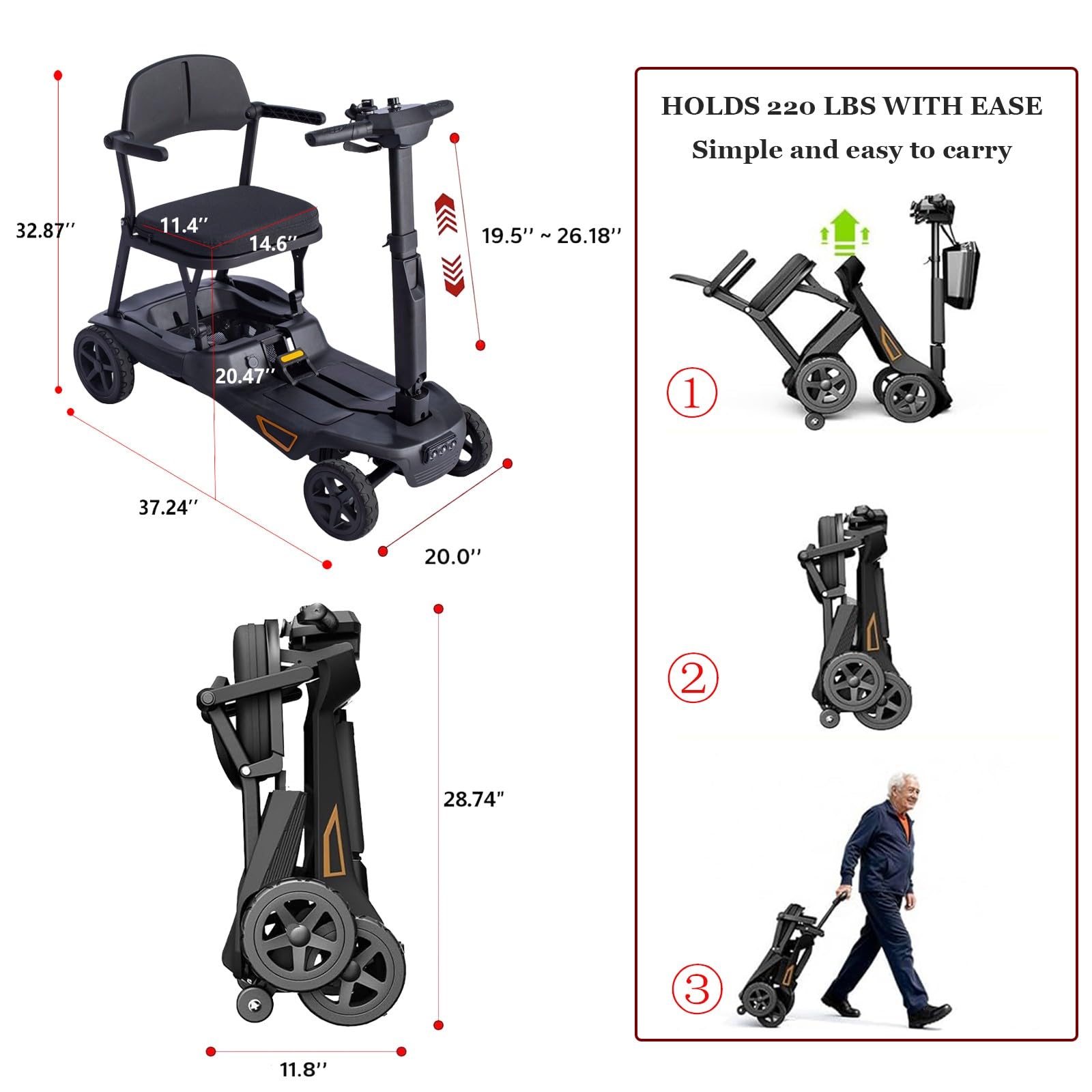 Scooter De Movilidad Plegable Scooter Para Personas Mayores Equipado Con Dos Baterías De Litio Extraíbles De 6,6 Ah Capacidad De Peso 100 Kg/220 Lb Black
