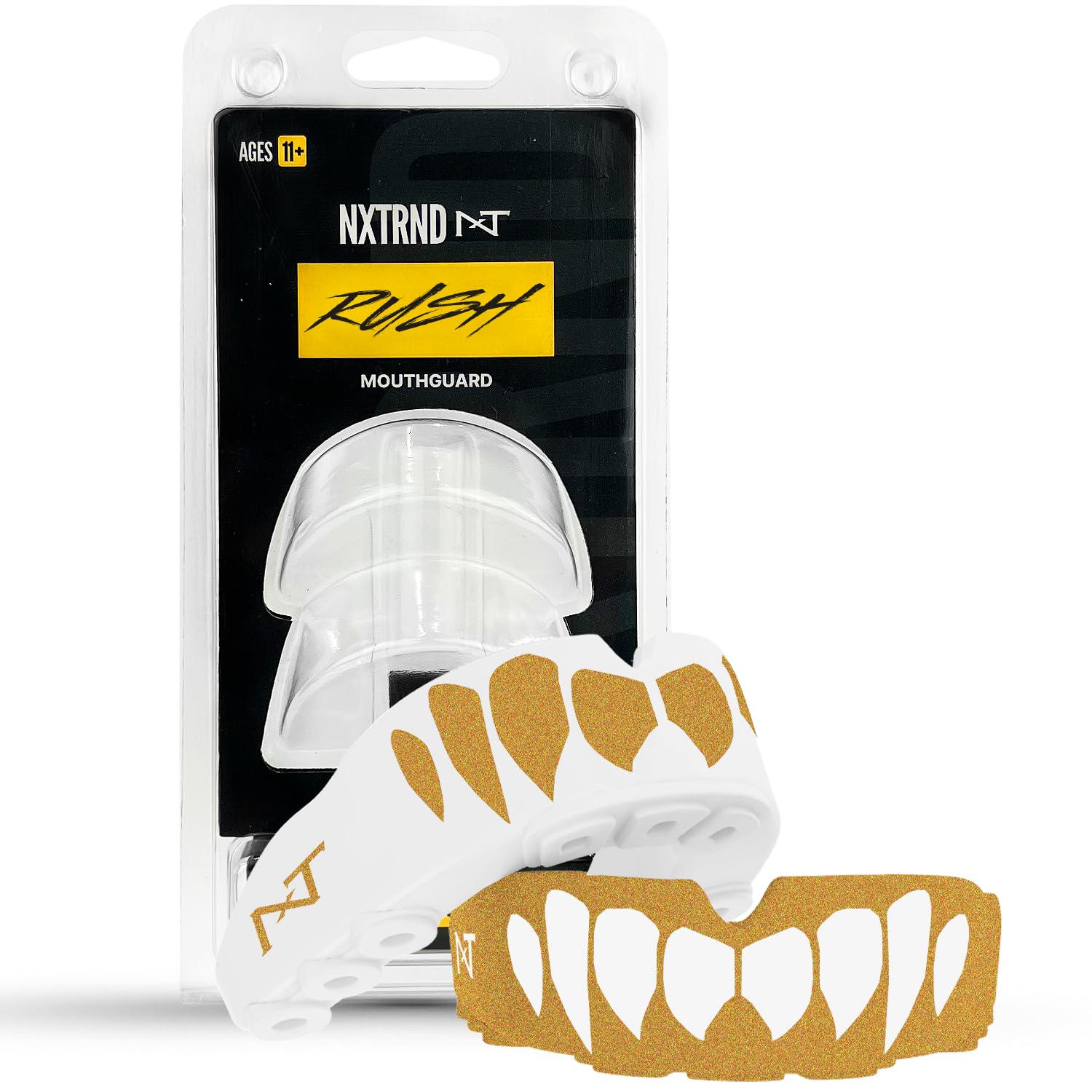 2 Pack Nxtrnd Rush Dual Layer Mouthguard, Custom Fit Sports Mouthpiece for Football, Boxing, MMA, Basketball, Hockey, Lacrosse, Youth & Adult (Gold)