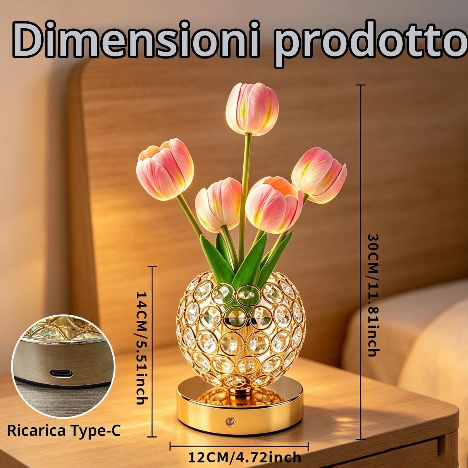 Lampada da Tavolo LED Con Tulipani, Lampada Con Fiori in Cristallo, Luce Notturna USB Ricaricabile, 3 Colori E Sfumature Infinite, Lampada Da Tavolo, Regalo Romantico per Donne