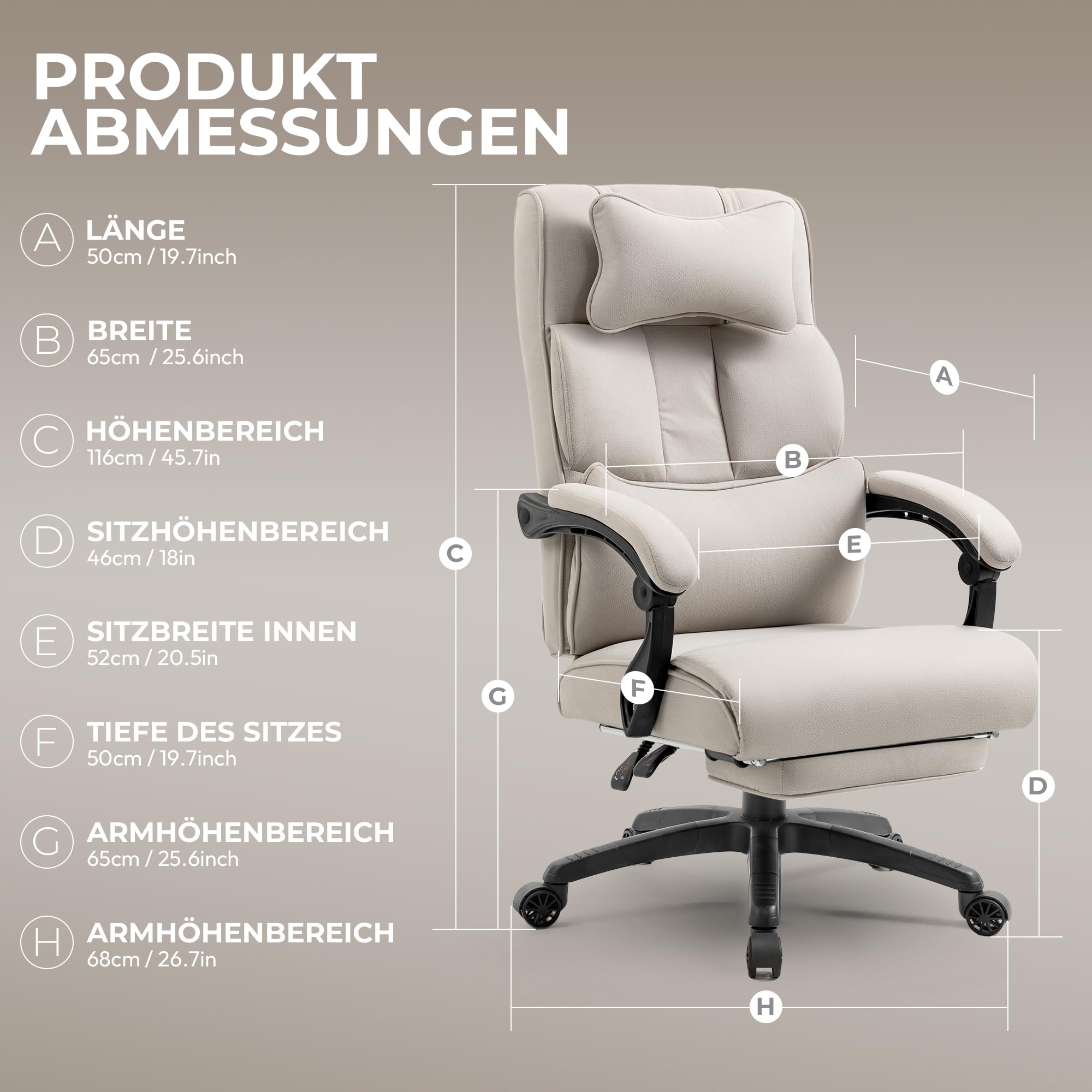 Dowinx Bürostuhl Ergonomisch mit Fußstütze und gepolsterten Armlehnen, ergonomischer Bürostuhl aus Stoff, Drehstuhl mit hoher Rückenlehne, Höhenverstellbar, 150 kg, Beige